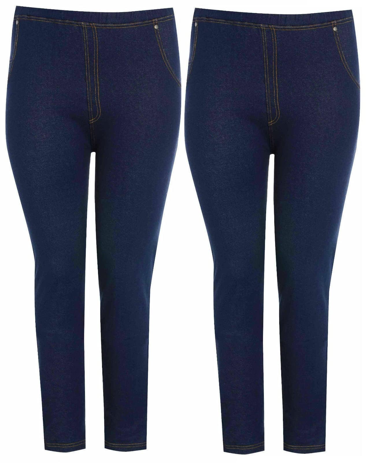 Ploutos - Ladies Pack of 2 Stretchy Denim Look Skinny Jeggings Leggings Plus Size 8-26 UK (Blue & Blue, 18)