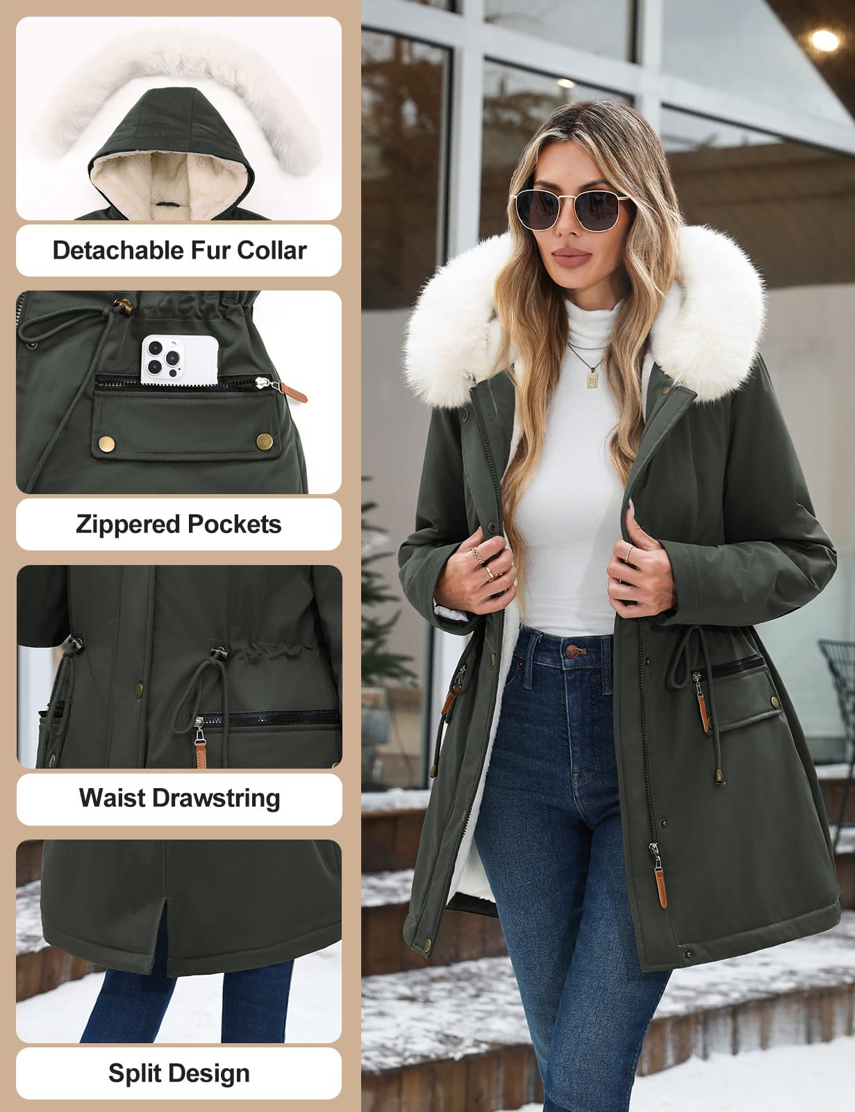 Tuopuda Manteau Femme Hiver Chaud Doudoune Long Parka Manteau Doublé de Polaire Capuchon d'hiver Blouson avec Fermeture éclair Veste Manteaux Epaissé