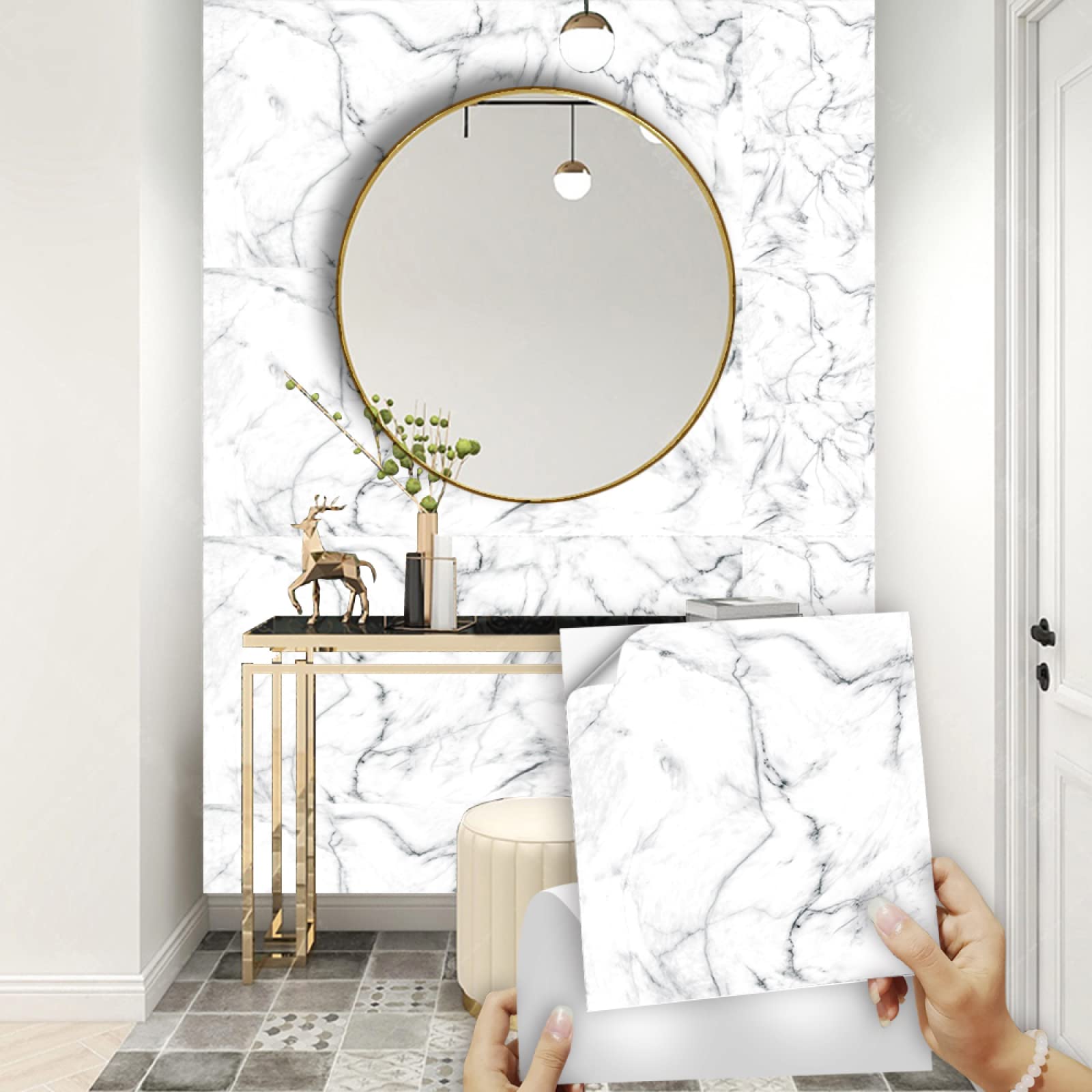 LMYSXAOZ Tile Stickers White Marble Black Stick On Tiles PVC for Kitchen Heat Resistant Self Adhesive Walls Waterproof Peel and Floor Bathroom Wallpaper 10x10cm/10 pcs