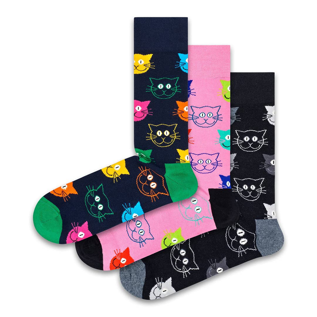 Happy Socks3-Pack Gift Box Crew Socks, Cats Socks for Men and Women