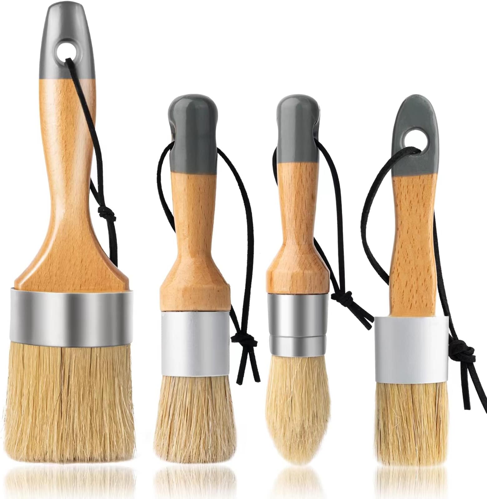 Chalk Paint Brush Set: 4PCs - 3 Small Wax Brushes & 1 Large Chalk Paint Brush for Furniture/Acrylic/Milk Paint, Natural Bristles
