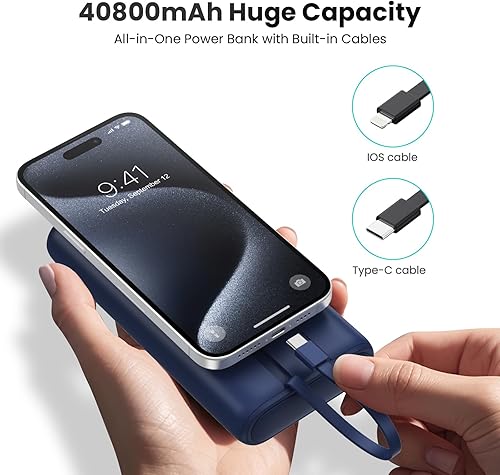 Miniatura 5 de Cargador portátil de 40,800 mAh, batería portátil de 25 W con 2 cables integrados 2024 actualizados, PD QC4.0 cargador de teléfono portátil de carga
