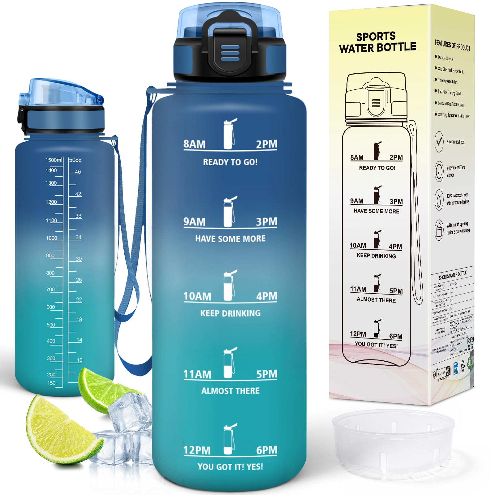 Motswedi Borraccia 1.5 Litro, senza Cannuccia, Borraccia Palestra, Bottiglia Acqua, a Prova di Perdite, Plastica Borracce Sportiva 1.5 l, per Ufficio, Sport, Palestra, Ciclismo, Blu & Verde