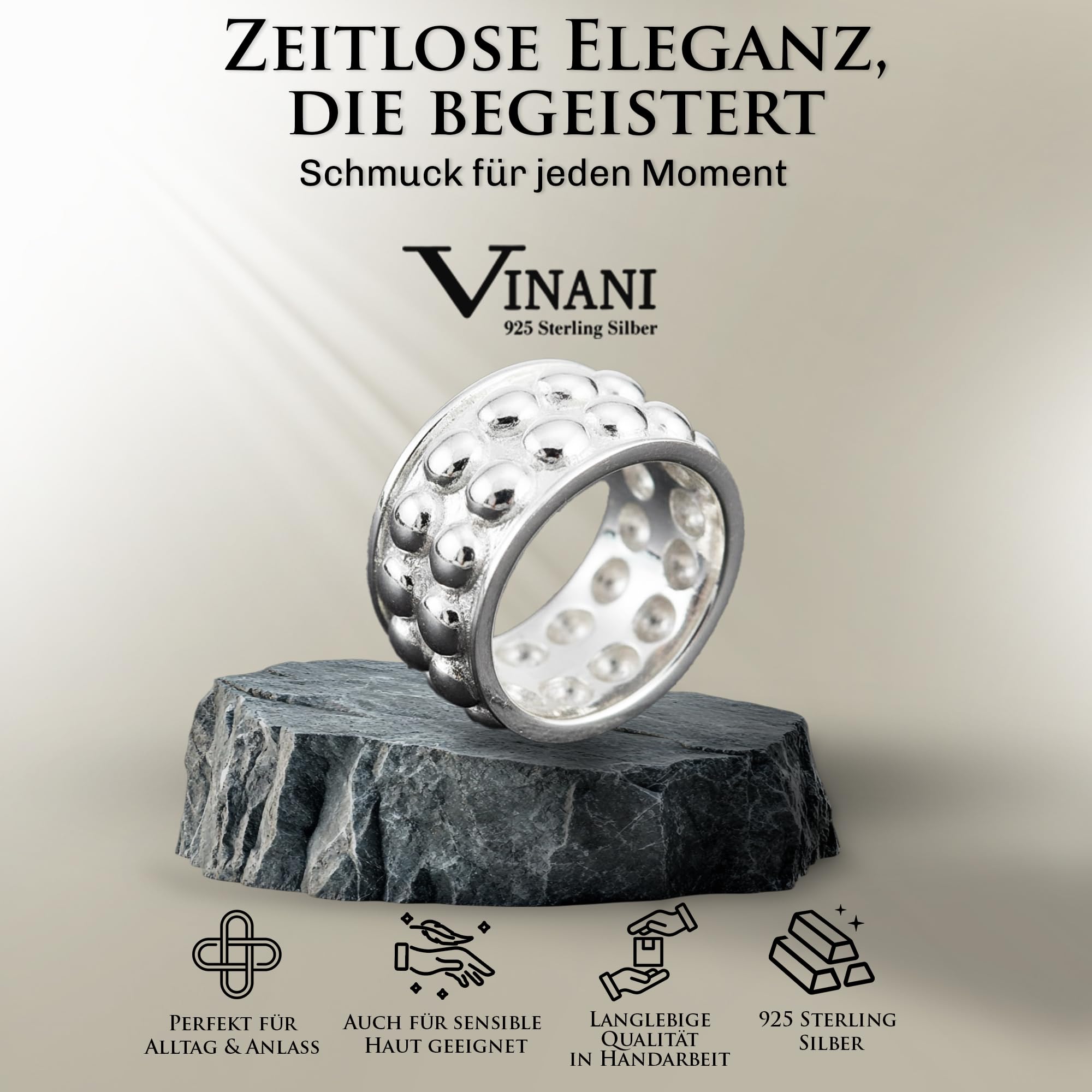 Vinani Damen Ring aus 925 Sterling Silber - Kugelbandring nickelfrei & antiallergisch, zeitloser Silberring, Damen Schmuck Designed in Deutschland, Geschenk für Frauen