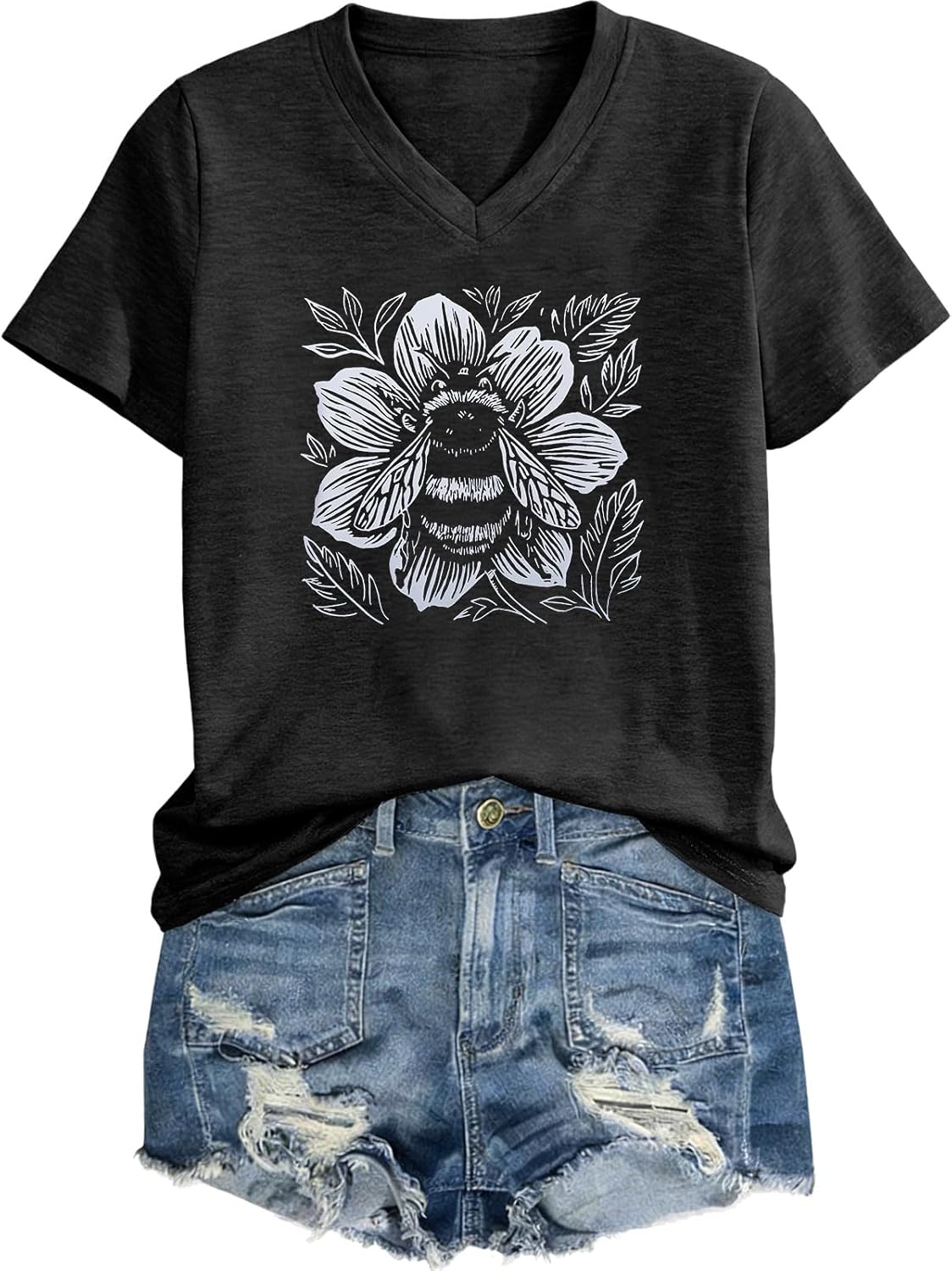 Women's T-Shirts V Neck Graphic Tees Vintage Dragonfly Tshirts Boho Flowers Bee Shirts Cute Sea Turtle Short Sleeve Tops