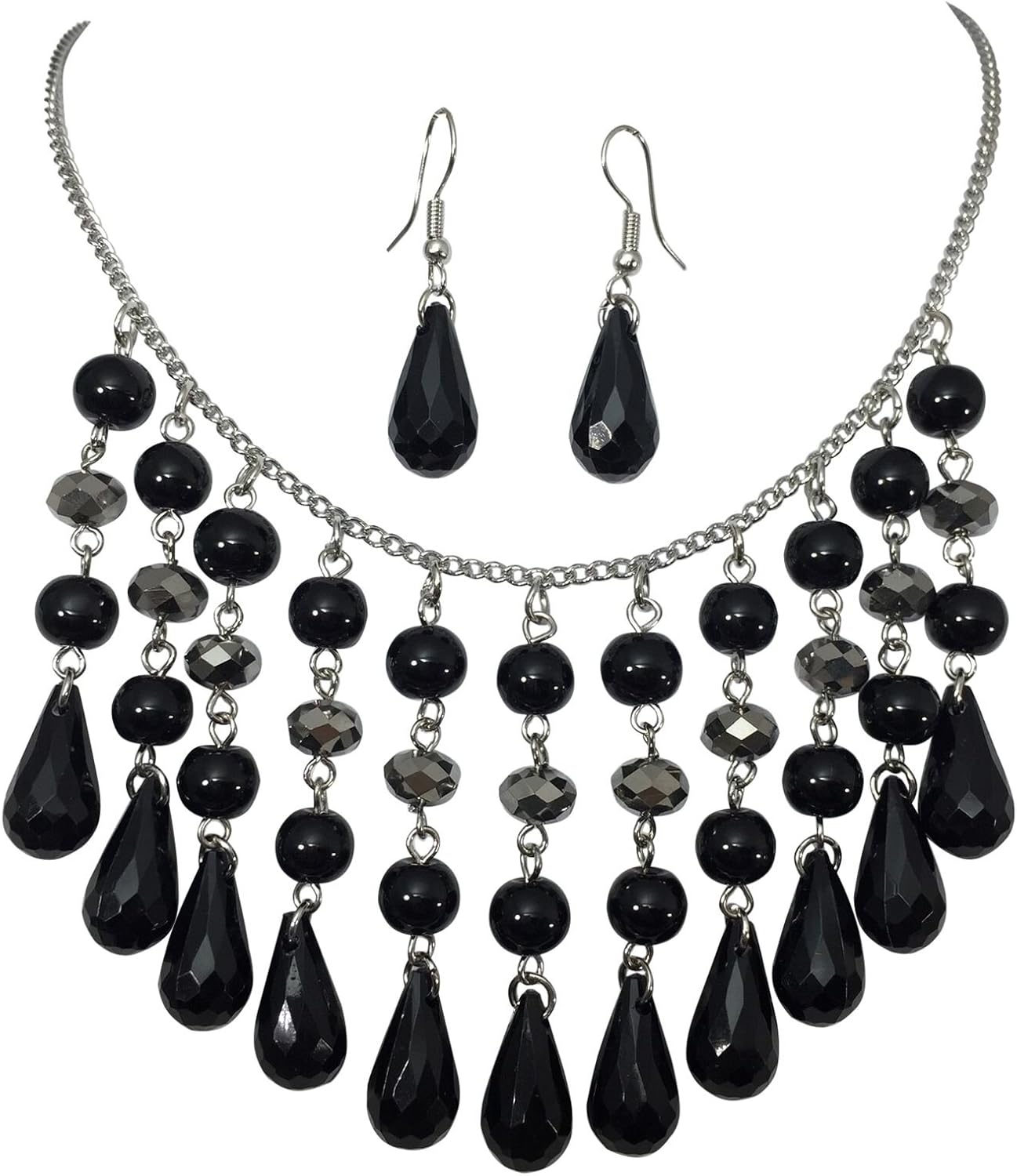 Gypsy Jewels Cascading Black & Grey Beaded Silver Tone Statement Necklace & Earrings Set