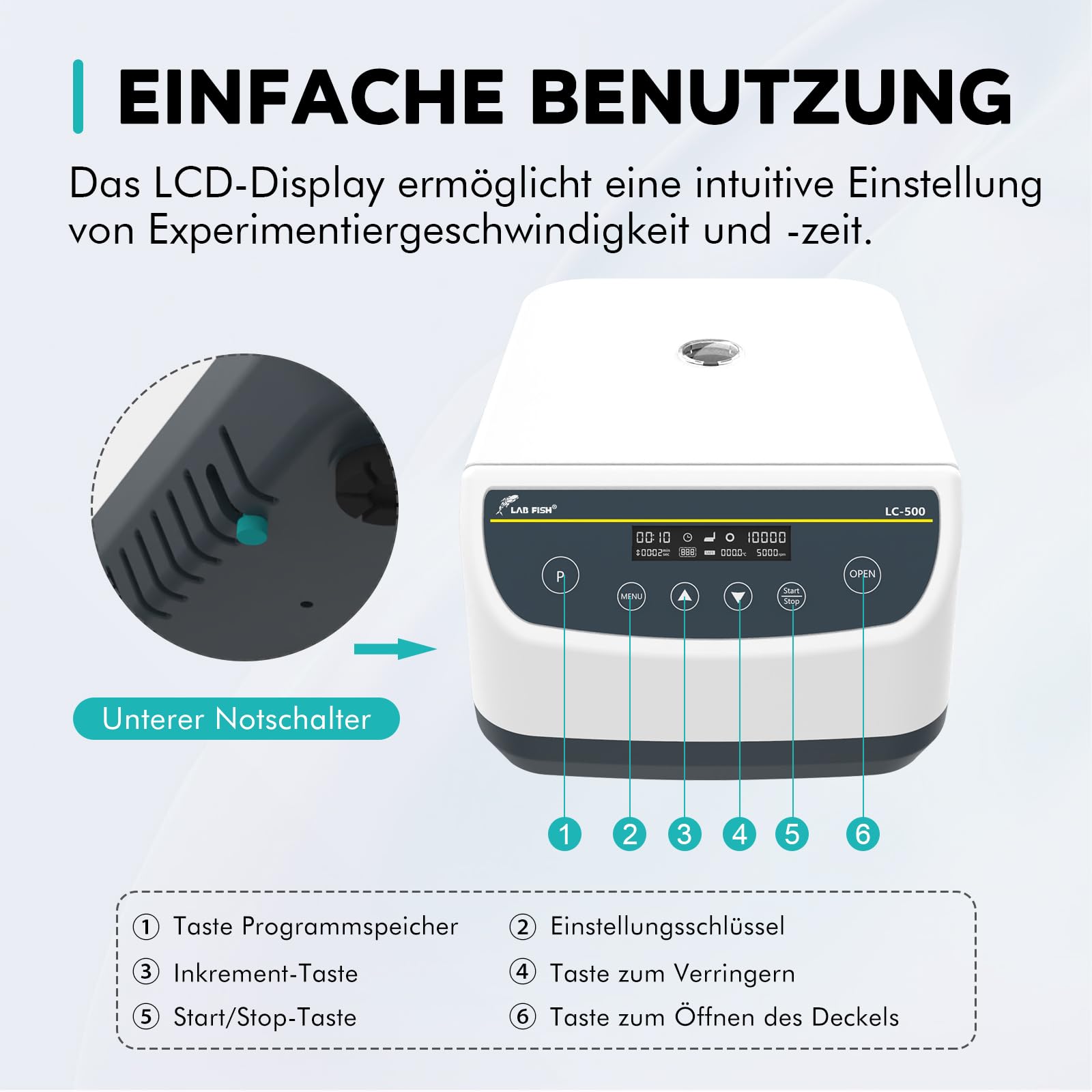 LAB FISH Labor Zentrifuge, Niedrige Drehzahl 500-4000 U/min, Max. 2146 xg, 9 Programmspeicher, Timer, für 2/5/10/15/50ml Röhrchen (6-fach Winkelrotor)