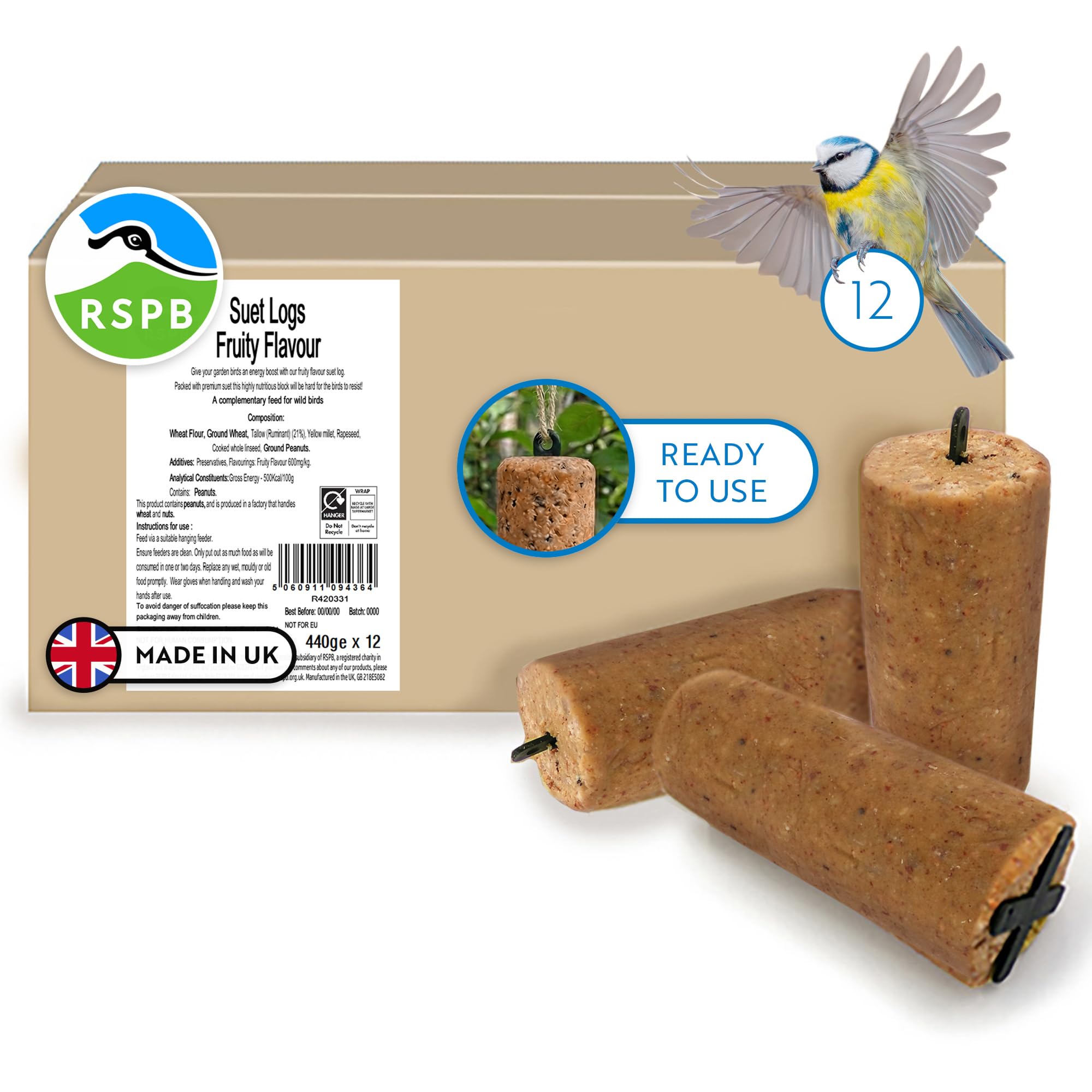 RSPB - Suet Log for Wild Birds, Wild Bird Food with Premium Ingredients, Made in the UK, Healthy and Nutritious, Suitable for Year-Round Feeding (Fruity Flavour) (440g)