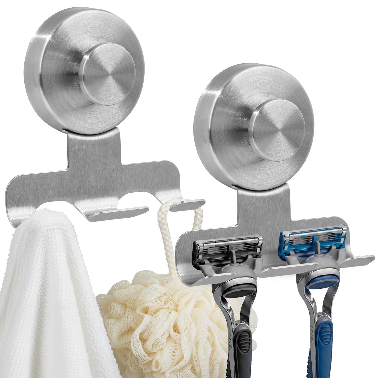 2 Pezzi Supporto per Rasoio Doccia con Ventosa, Gancio a Ventosa in Acciaio Inox, Riutilizzabile, Senza Foratura – Organizzatore Doccia per Asciugamani, Accappatoi, Bagno, Cucina (Argento)