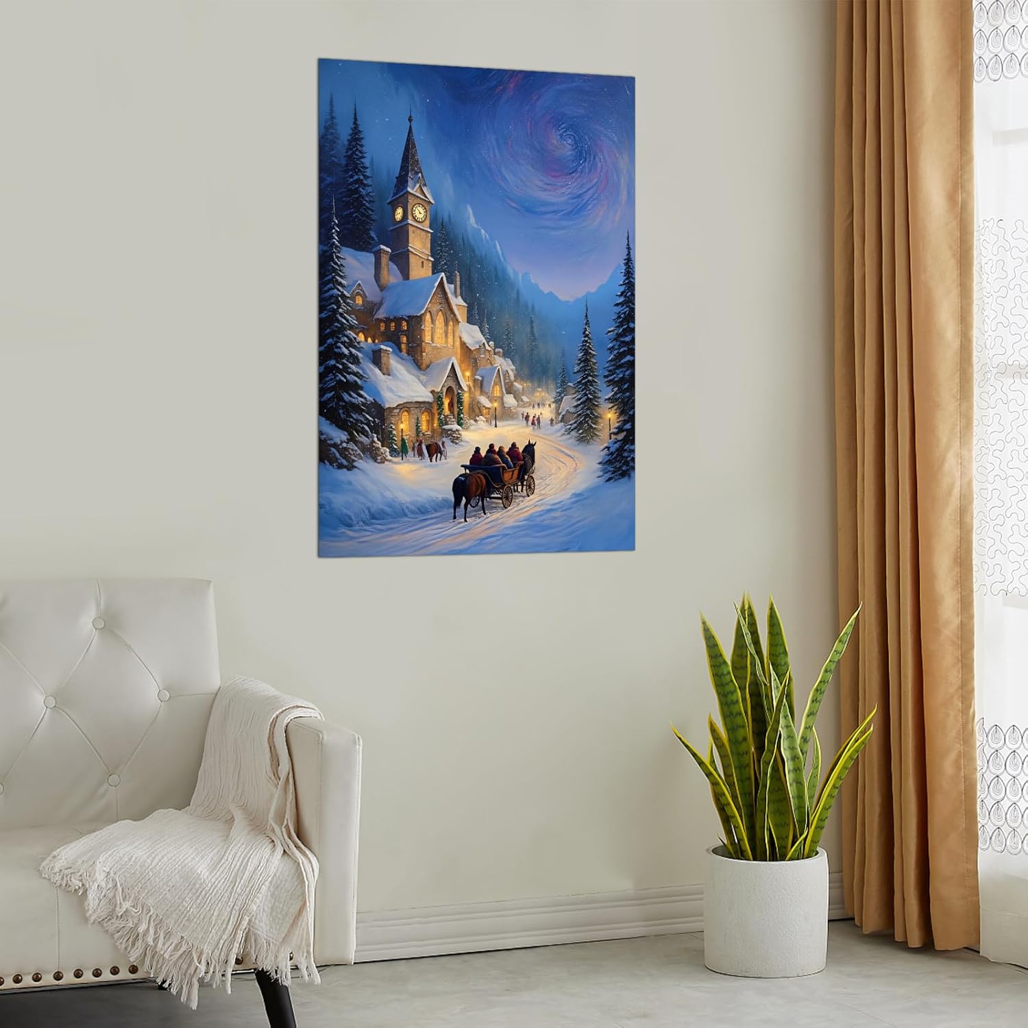 Christmas Village Snowy Night Scene Church Clock Tower Horse Carriage Winter Landscape Art Print - Canvas Poster (B-2,24.00" x 36.00", Unframed)