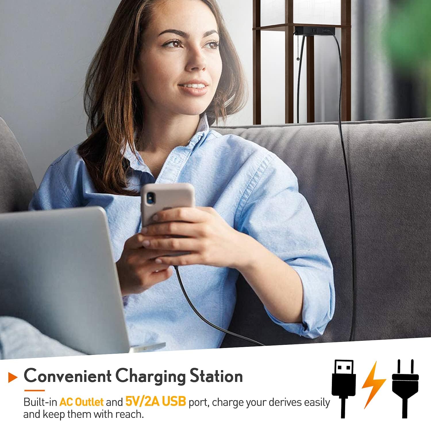 Outon Floor Lamp with Shelves, LED Column Modern Floor Lamp with USB Port & Power Outlet, Display Storage Wood Standing Light with White Linen Texture Shade for Living Room, Bedroom, Office (Walnut) - - 