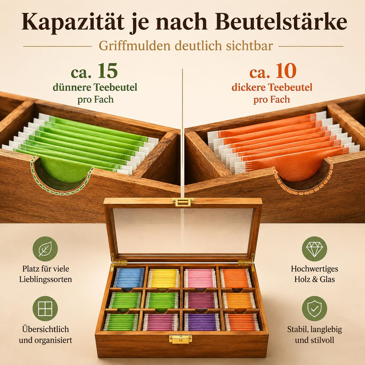 ALVERO Teebox aus Holz mit Glasdeckel, 12 Fächer, Goldener Verschluss, Elegante Holzoptik, Ideal für Küche, Büro und Teestation
