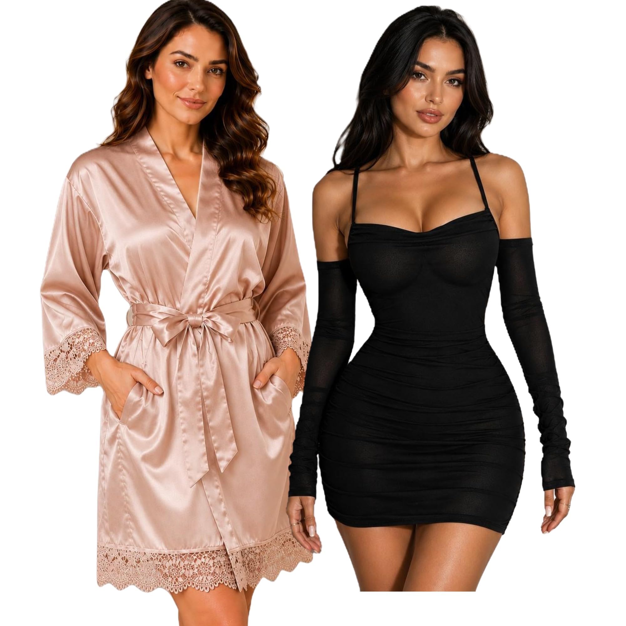 Rivule Combo of Everest Satin Robe with Espresso Transparent Net Babydoll Lingerie with detachable sleeves, 2Pc set of BridalHoneymoon Nightwear Freesize S,M,L-picture-22