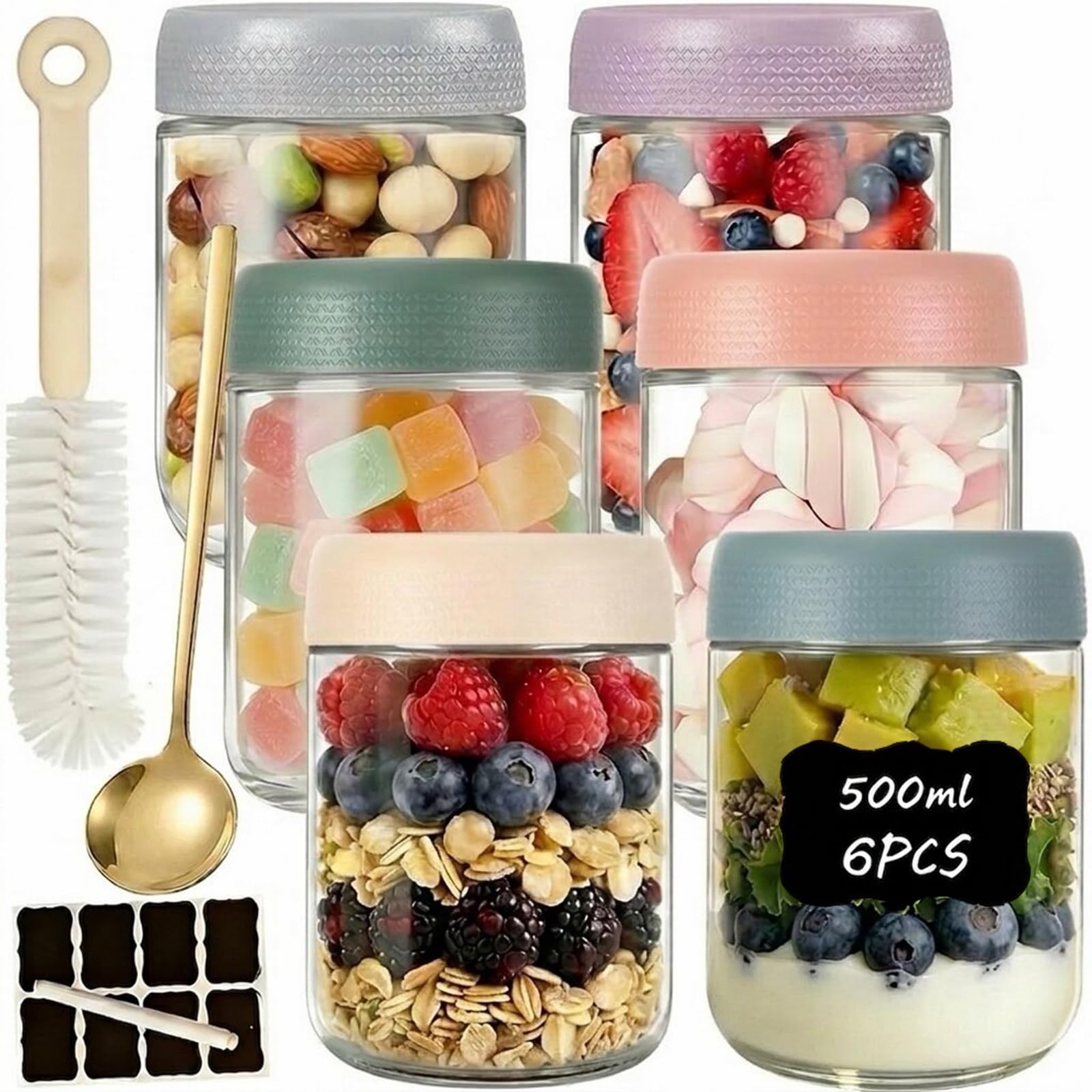 6 sztuk słoików Overnight Oats o pojemności 500 ml, słoiki na przetwory z zakręcaną pokrywką, słoiki do przygotowywania domowych dżemów, chutney, jogurtu, budyniu, wkładania, jedzenia dla