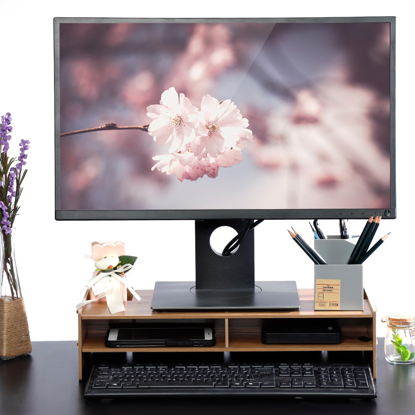 EBTOOLS Supporto per Monitor in Legno di Ciliegio con 2 Cassetti, 49 x 20 x 11,5 cm