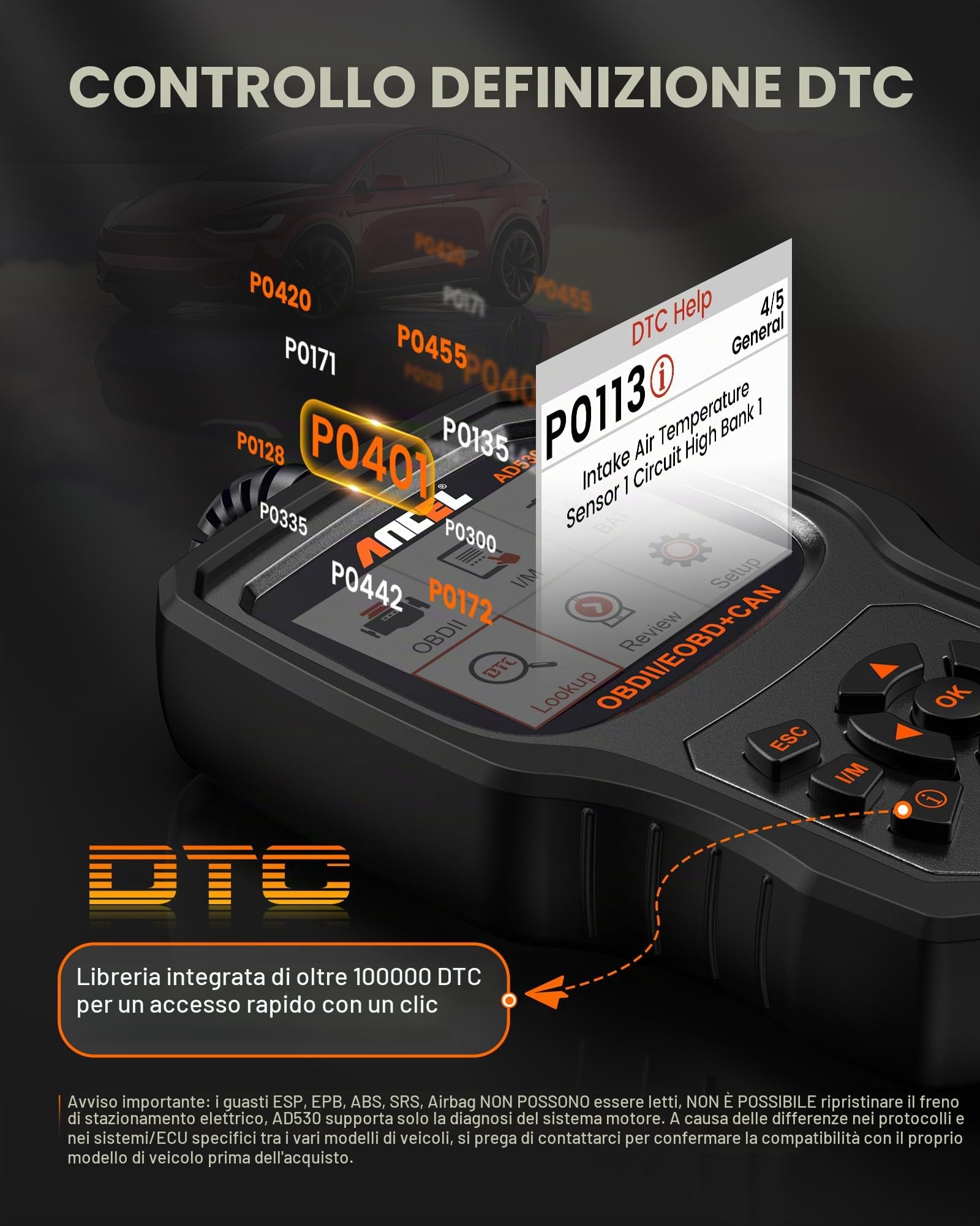 ANCEL AD530 Lettore di Codice OBD2 Controlla lo Strumento di Scansione della Luce del Motore Dell'auto Strumento di Scansione del Sensore O2 EVAP Scanner con Funzioni OBD2 Complete