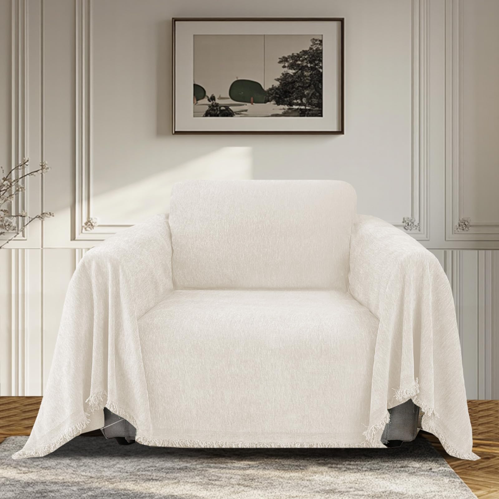 Bellahills Beige Sofa Cover 3 Seater Chenille Sofa Covers 2 Seater Armchair Covers L Shape Sofa Slipcover Non-Slip Couch Covers With Tassel Sofa Protector From Dogs, 180X230cm,