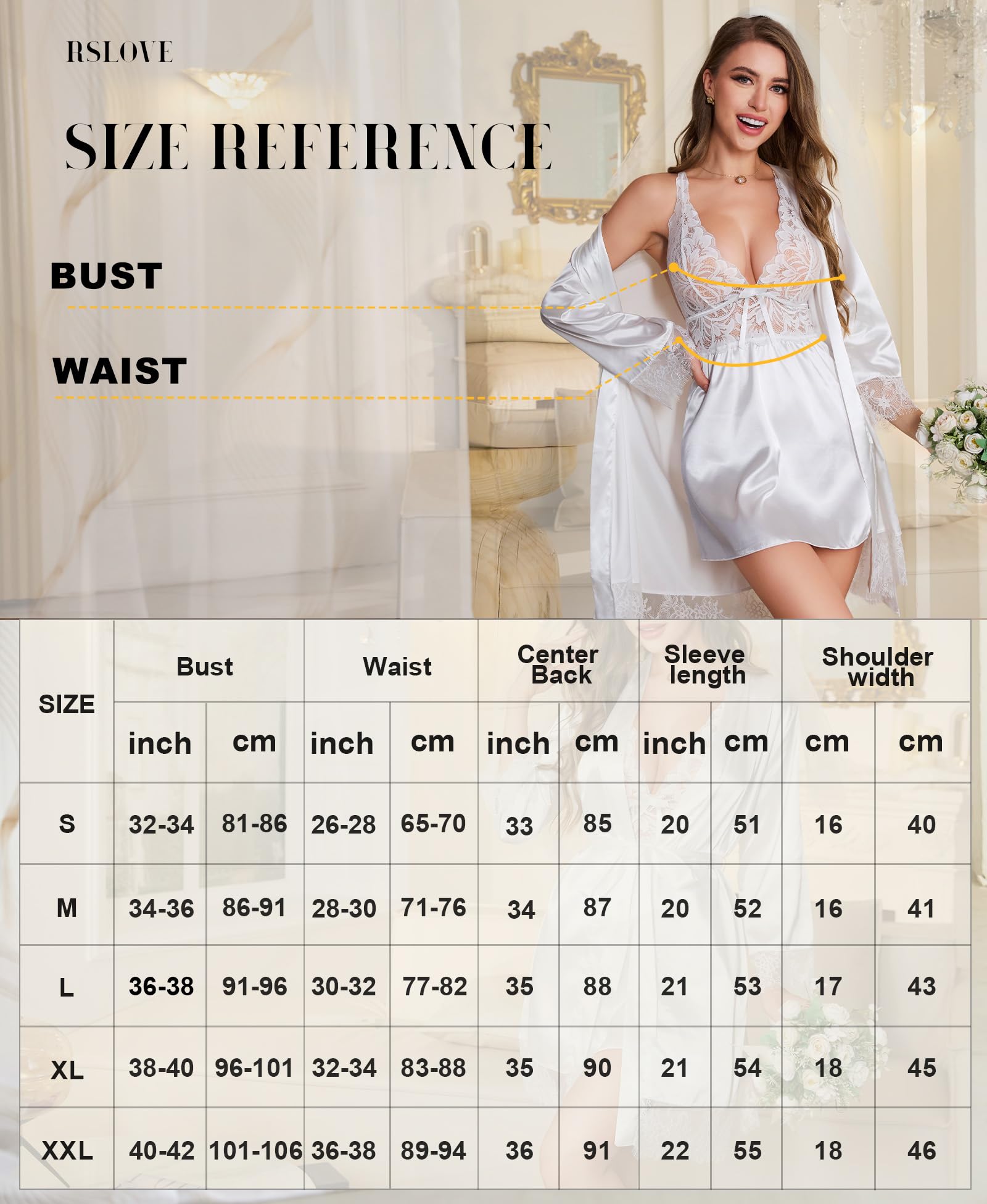 RSLOVE Sexy lingerie da donna in pizzo raso, babydoll con vestaglia, abito da notte