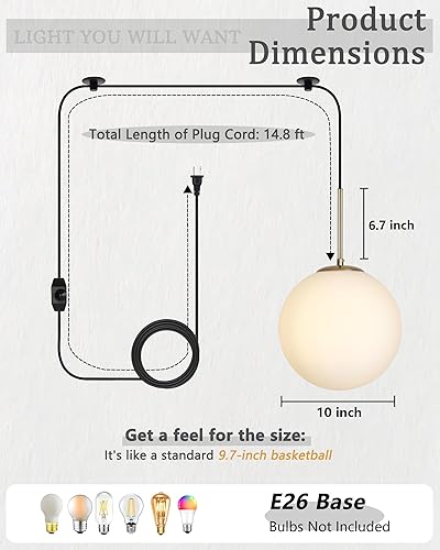Miniatura 2 de Lámpara colgante de globo de 10 pulgadas, luces de techo colgantes modernas de mediados de siglo con cable de enchufe para comedor, dormitorio, isla