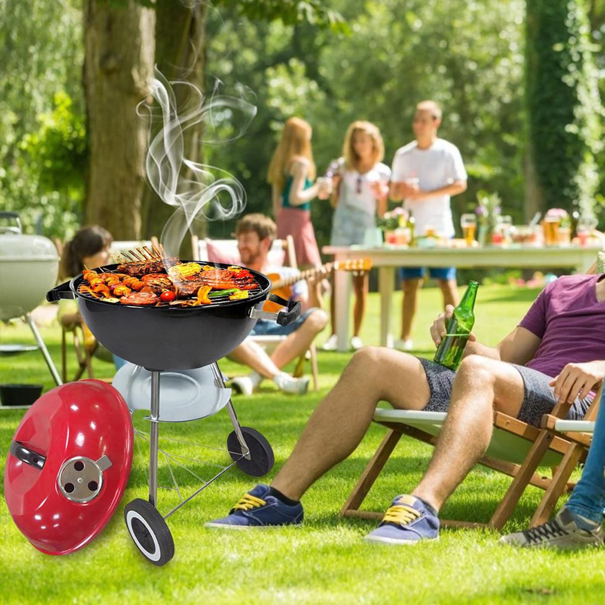 Barbecue Rotondo a Carbonella, 17" BBQ Carbonella Portatile per Giardino, Griglia a Sfera con Acciaio Cromato, Contenitore Carbonella Smaltato, Coperchio, 2 Ruote, 45cm X 19cm X 45cm