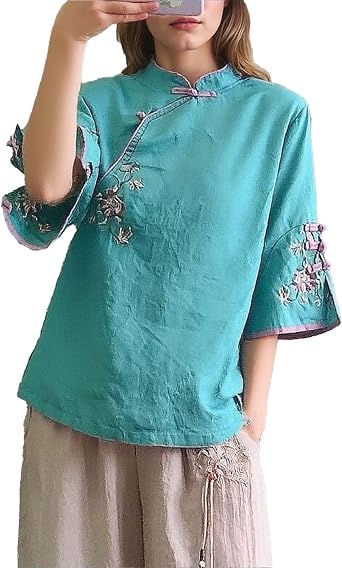 3/4 Sleeve Shirts for Women Elegant Flower Floral Embroidered Mandarin Collar Blouse Lightweight Casual Qipao Cheongsam Tops Vintage Ethnic Style Shirt Chinese Traditional Clothing