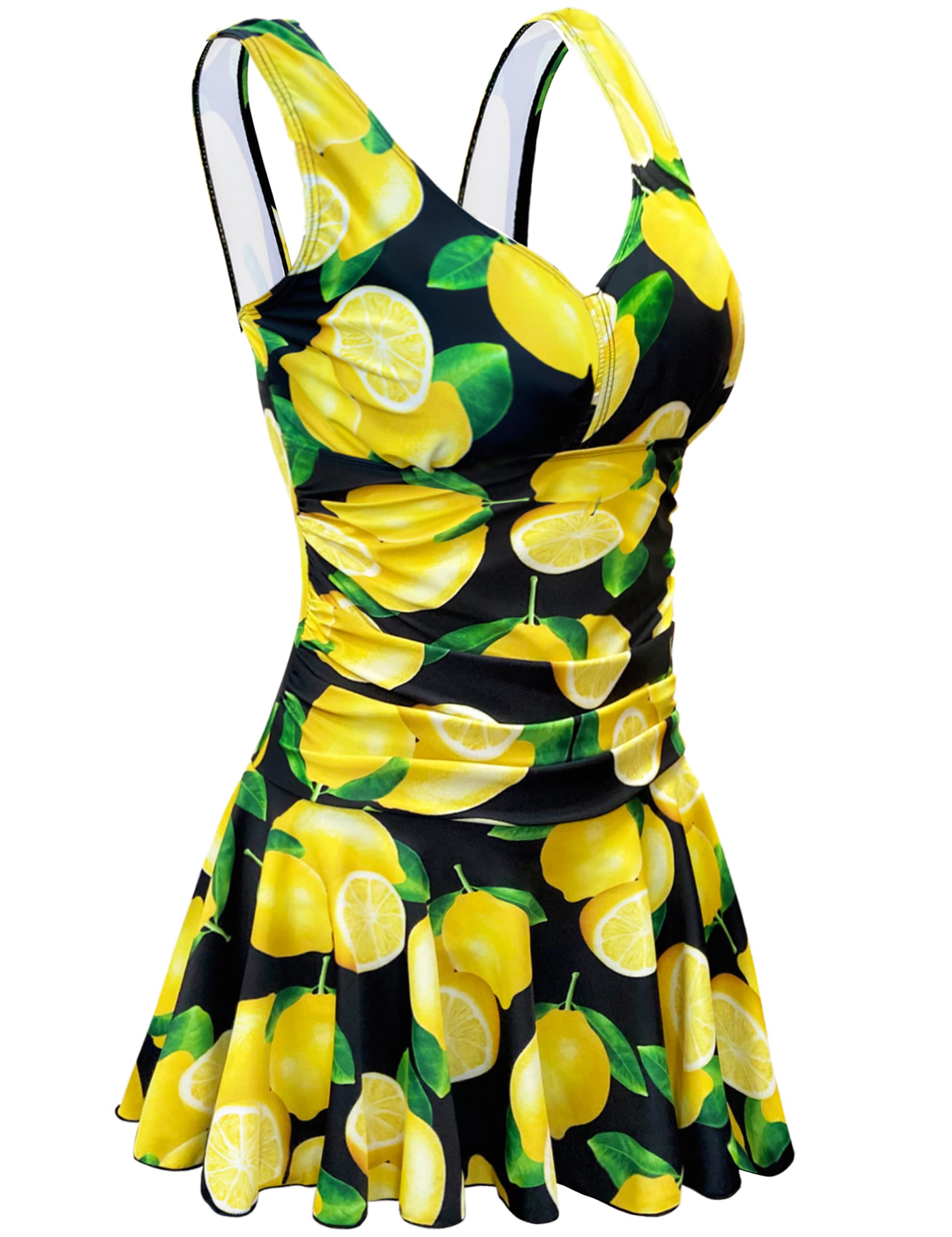 AONTUS Plus Size Vintage One Piece Swimsuits with Tummy Control Boy Shorts for Women Retro Swimwear Removable Soft Padding