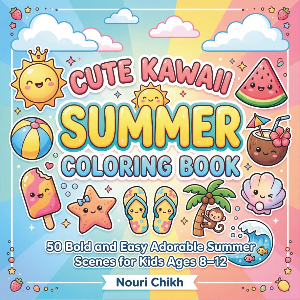 Cute Kawaii Summer Coloring Book: 50 Bold and Easy Adorable Summer Scenes for Kids Ages 8–12