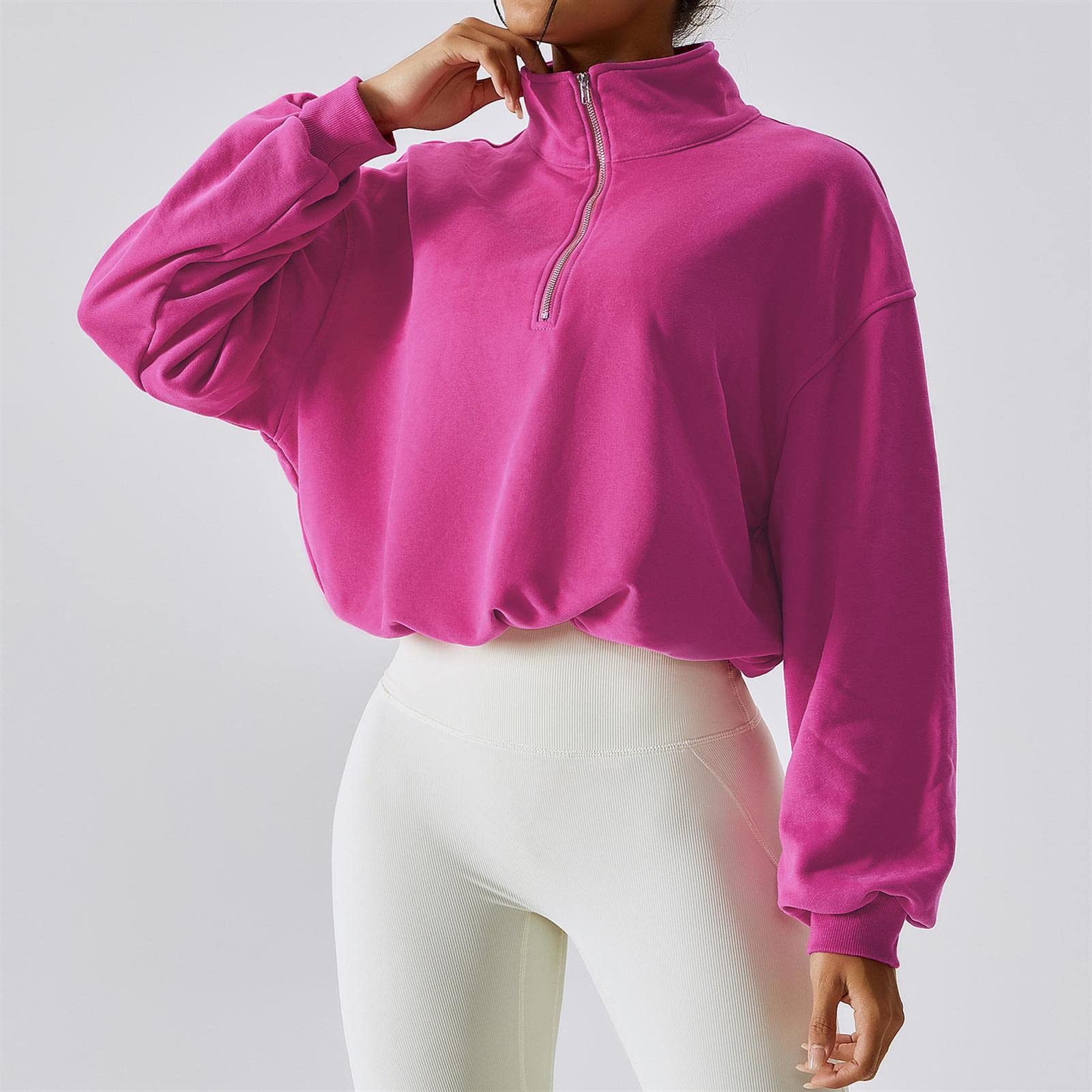 Sudadera para mujer, ajuste holgado, manga larga, cuello alto, con cremallera de cordón para correr al aire libre, rosa, talla 8/S