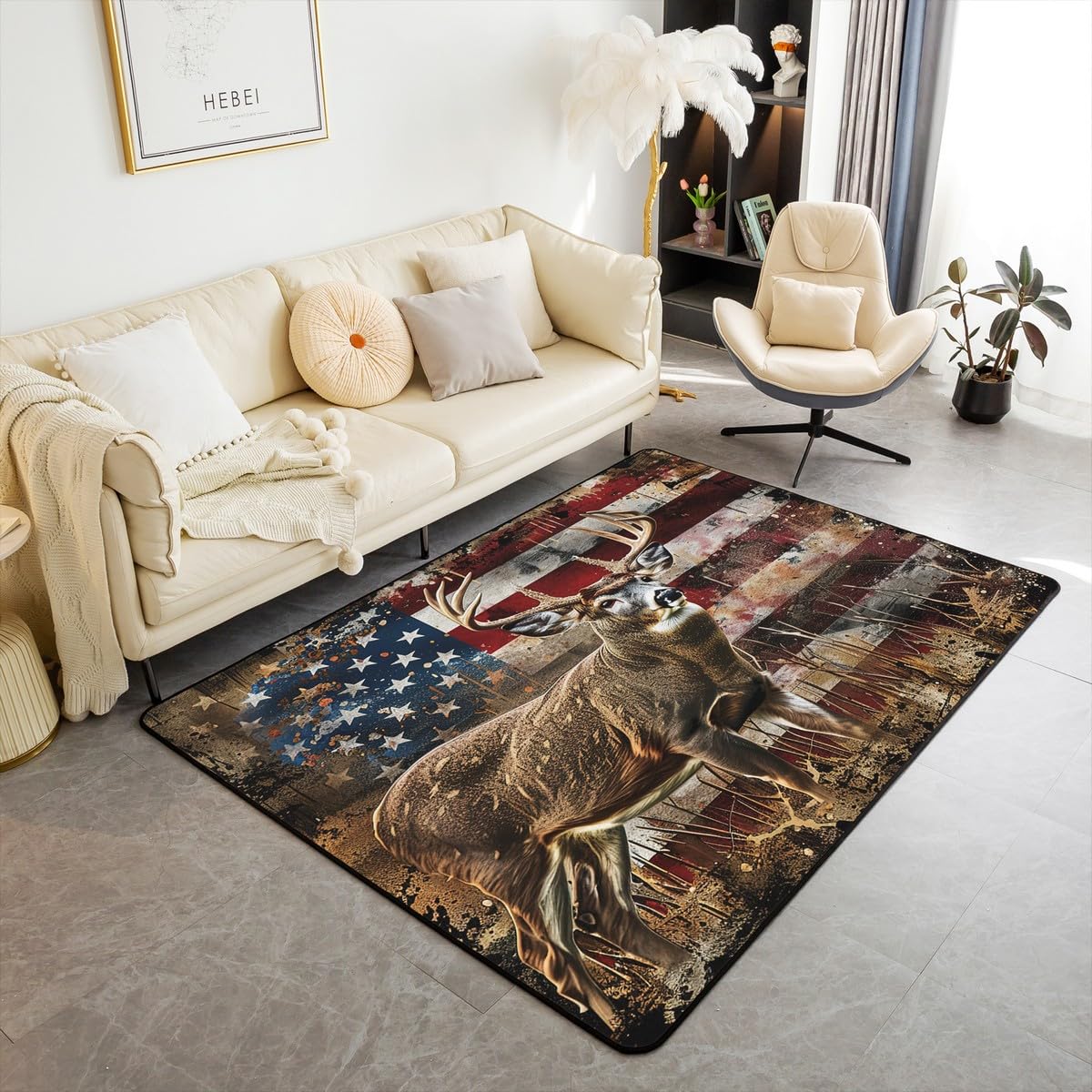 Feelyou Wild Animal Deer Accent Rug American Flag Living Room Rugs for Kids US Stars Stripes Flags Accent Rug Area Rug 3x5