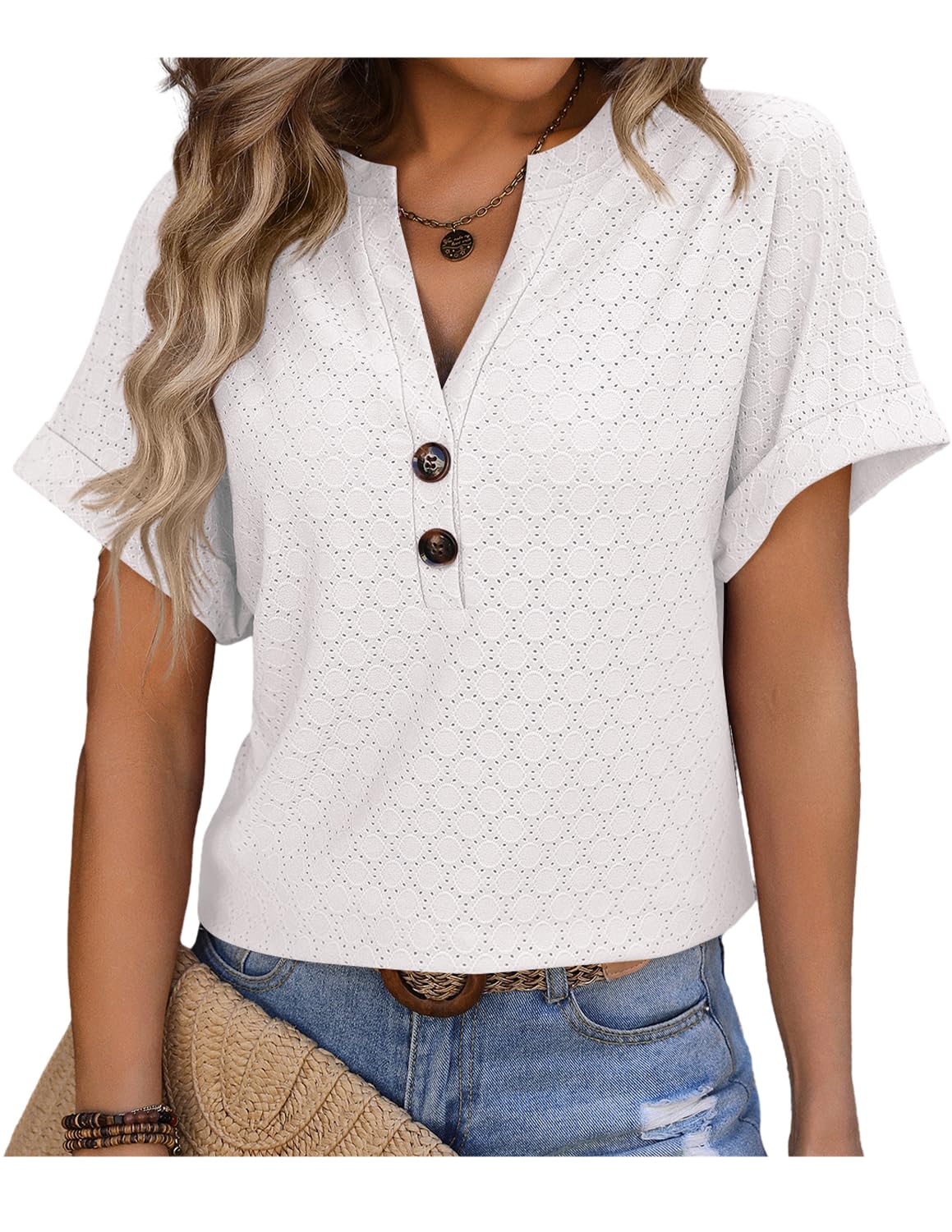 BUOYDM Blusa de Mujer Elegante Cuello en V Camisa Casual Camiseta de Manga Corta Tops