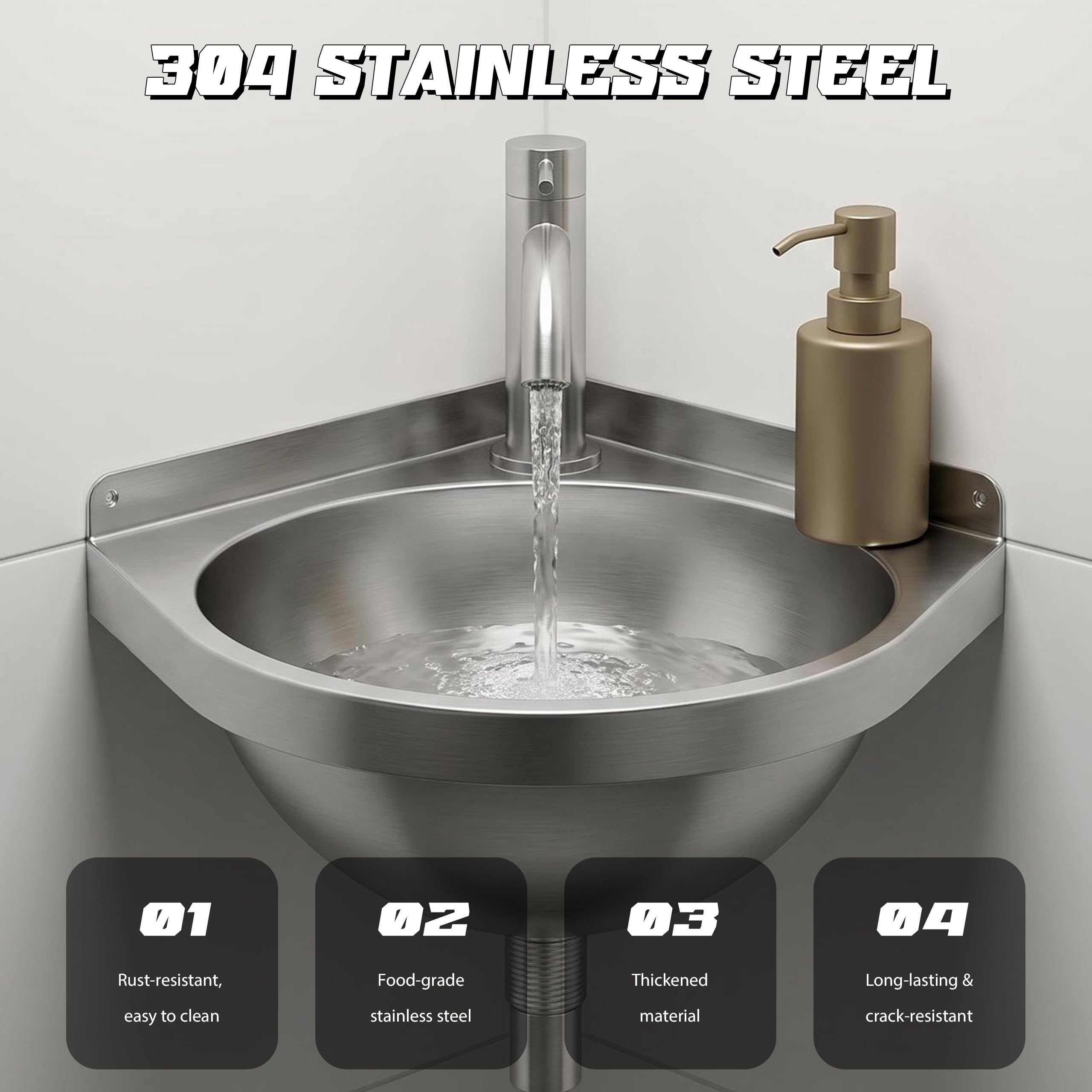 Lavabo de esquina de acero inoxidable con grifo, lavabo de acero inoxidable para autocaravana, lavabo triangular, lavabo de mano, lavabo de pared para baño, caravana, barco, inodoro, garaje