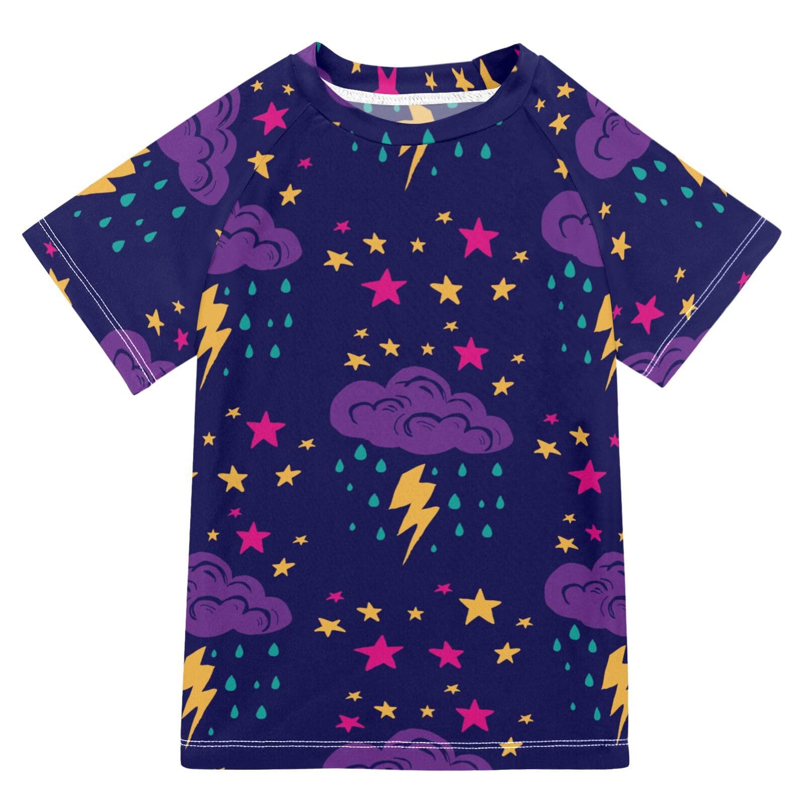 Aflyko Fun Girls' Rash Guard Shirt Thunderstorm Star Lightning Cartoon Kiddo Fishing Shirt Children Fashion Short Sleeve Swimming Top Soft Comfortable Fit UPF 50+ Everyday Wear, 5-6T