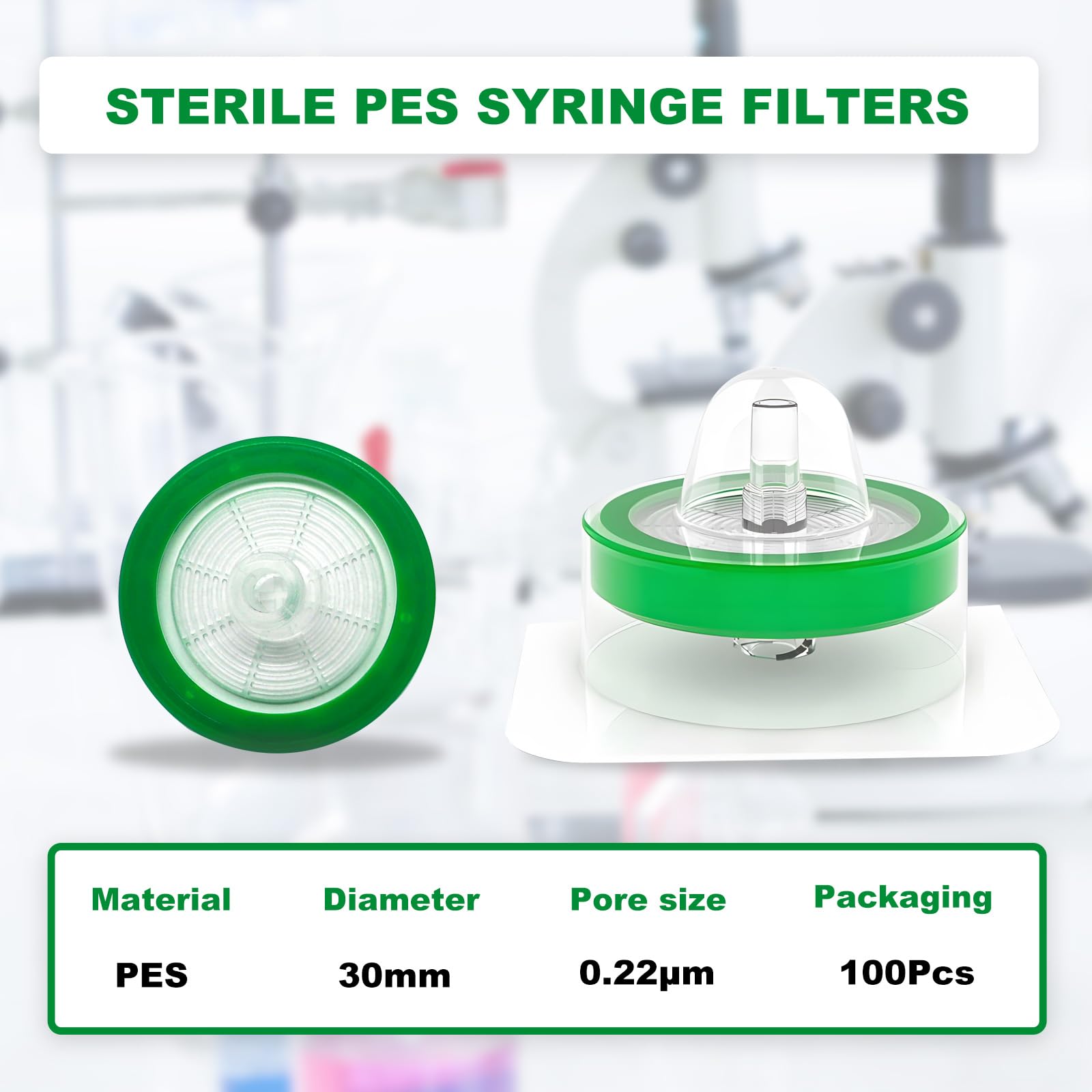 100 filtros de jeringa PES, filtro de jeringa hidrofóbico, 0,22 μm, filtro de jeringa de laboratorio, estériles, Syringe, 0,22 μm, 30 mm de diámetro, Female Lure Lock+Male Lure Slip