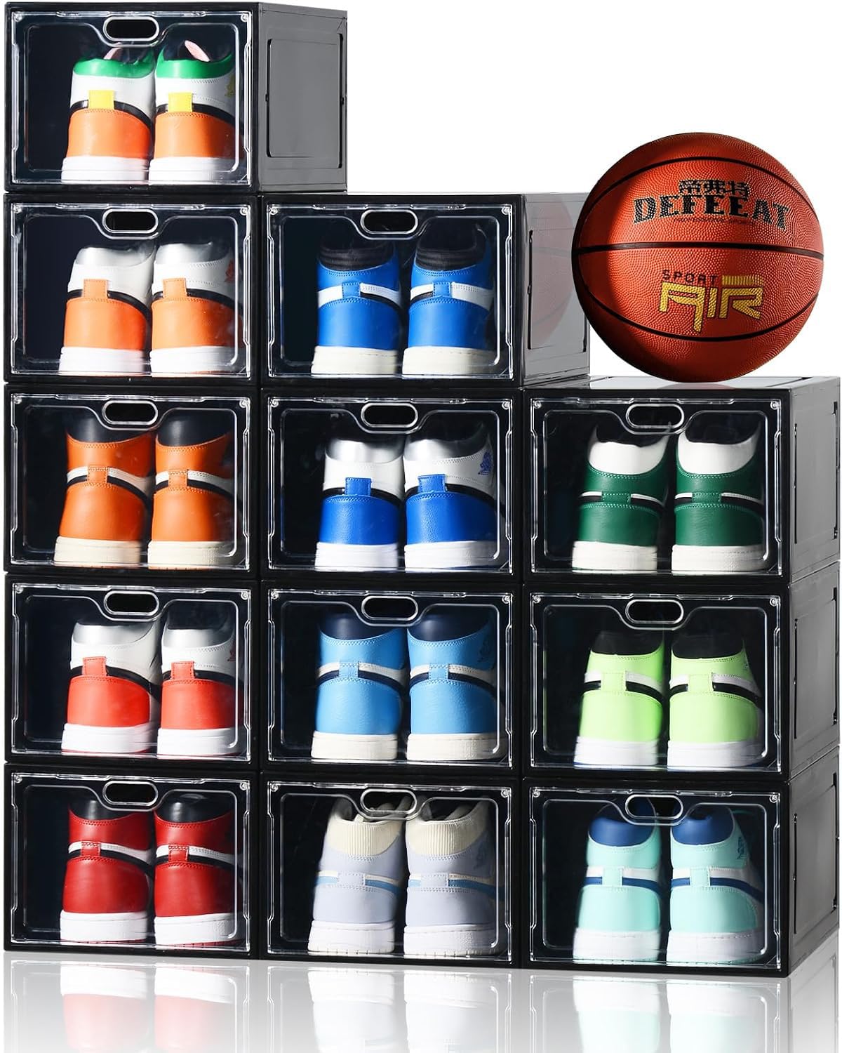 INSTY 12 Pack Large Shoe Storage Box, Clear Shoe Storage Organizer with Magnetic Door, Stackable,Shoe Containers For Display Sneakers, Easy Assembly, Fit up to US Size 12, Black