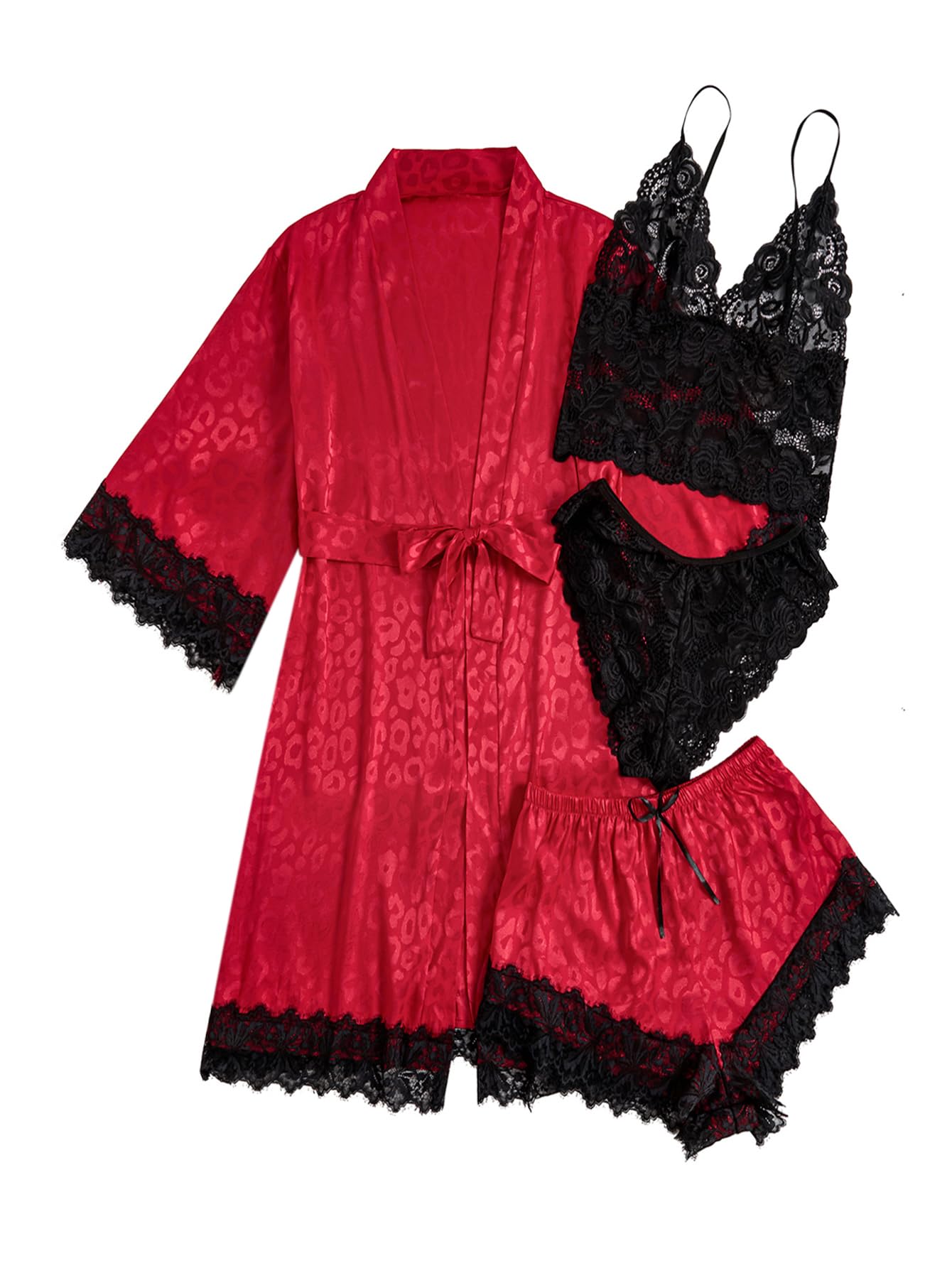 WDIRARA Women's Silk Satin 4pcs Pajamas Set Sleepwear with Robe