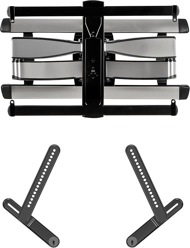Soporte de pared para TV de movimiento completo premium para televisores de hasta 90" - Acabado en acero inoxidable con diseño FluidMotion y soporte para barra de sonido Sanus para la mayoría de las barras de sonido de hasta 15 libras - Fácil instalación