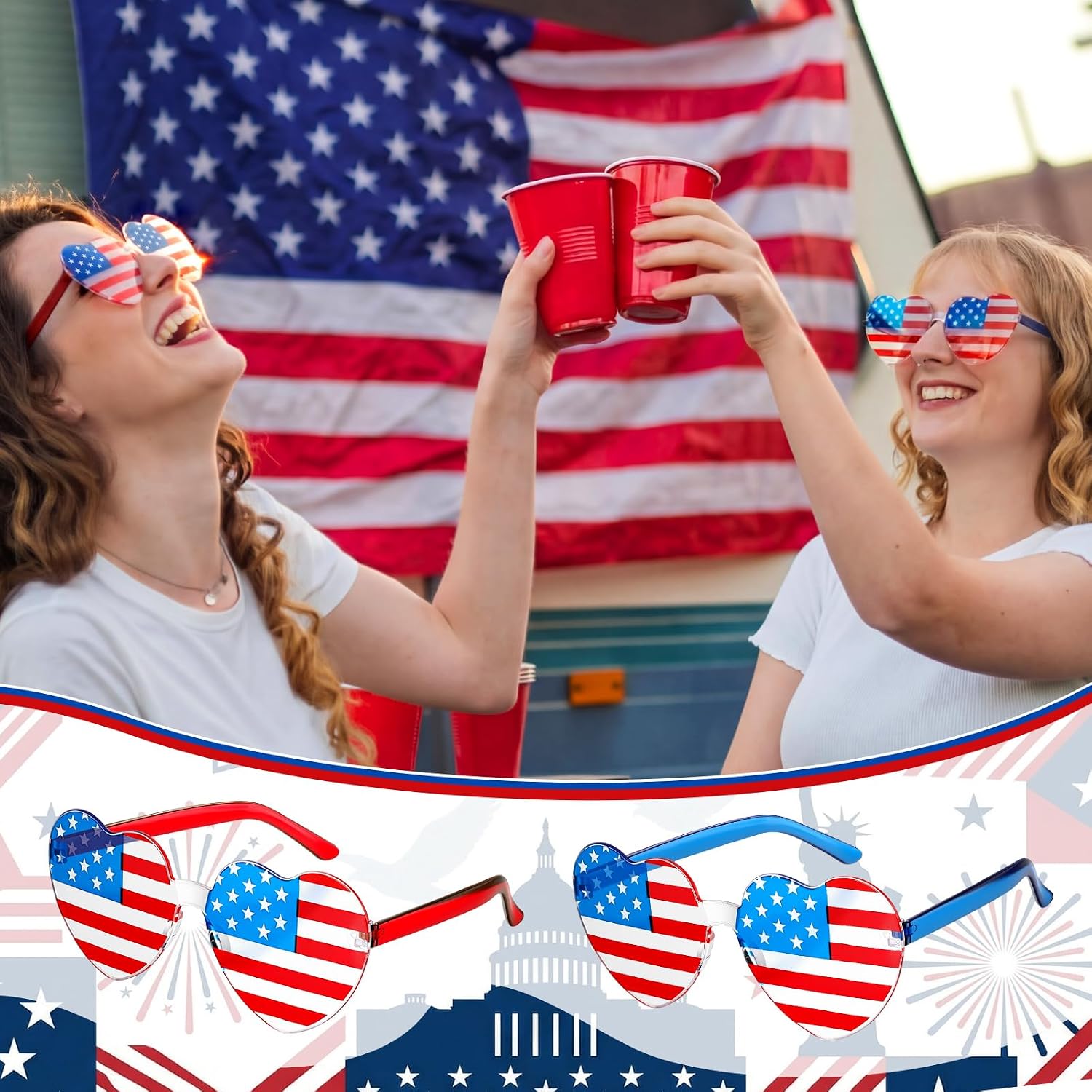 Tellegloww 4th of July Heart Glasses American Flag Glasses Patriotic 250th Anniversary Independence Day Decoration