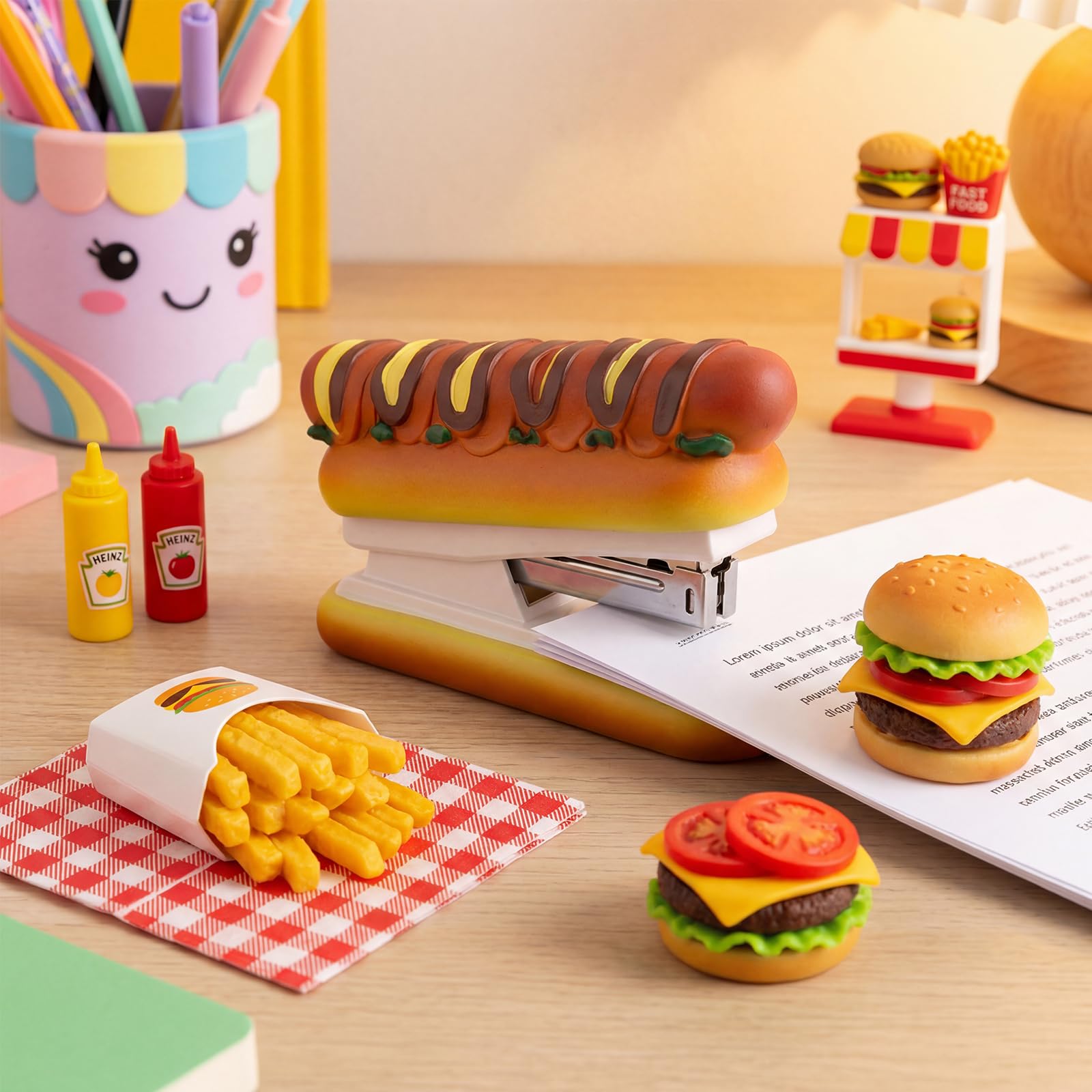 Cucitrice per hot dog, include 1000 graffette, divertente accessorio da scrivania, decorazione per casa e ufficio, ideale per le vacanze o per la calza della Befana, per insegnanti, studenti