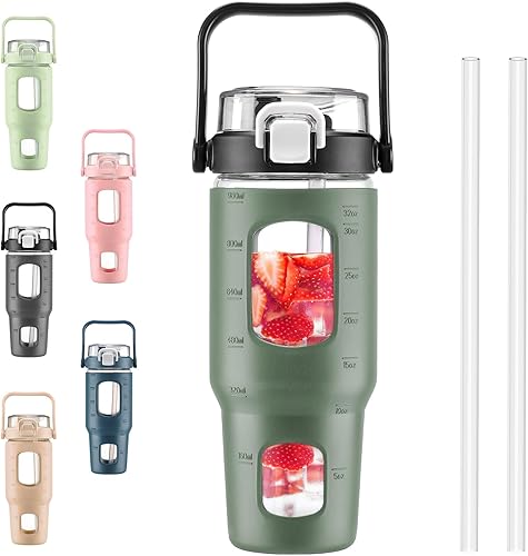 BLUEGO Botellas de agua de vidrio de 56 onzas con marcador de tiempo y pajilla, botella de agua motivacional grande de medio galón con funda de