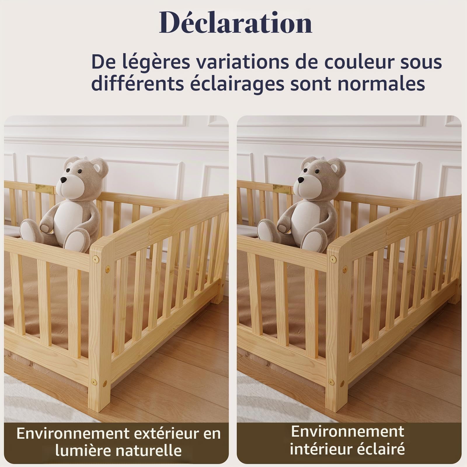 DHHU Lit au Sol 90x200 cm avec barrières de sécurité – Entrée Centrale – Cadre Bas en pin Massif – Lit Enfant pour Transition du Berceau – Montage Facile