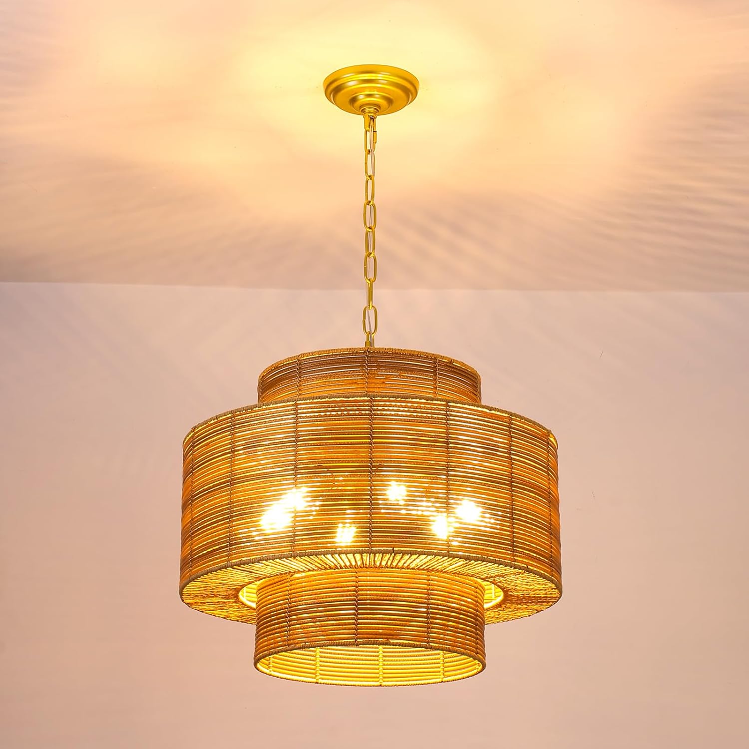 Boho Large Rattan Chandelier 6-Light 3-Tier with Hand Woven Shade Adjustable, Wicker Coastal Chandelier Farmhouse Rustic Basket Chandeliers for Kitchen Bedroom, Dining Room, Living Room, Foyer 19.6”