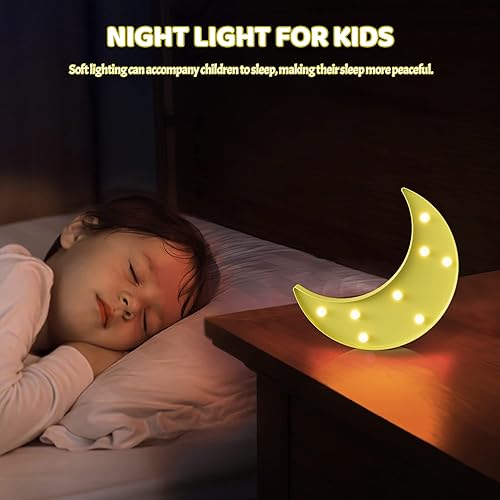Miniatura 4 de Ganrami Luz nocturna de luna amarilla para dormitorio de niños, decoración de luna alimentada por batería para pared de guardería, luces nocturnas