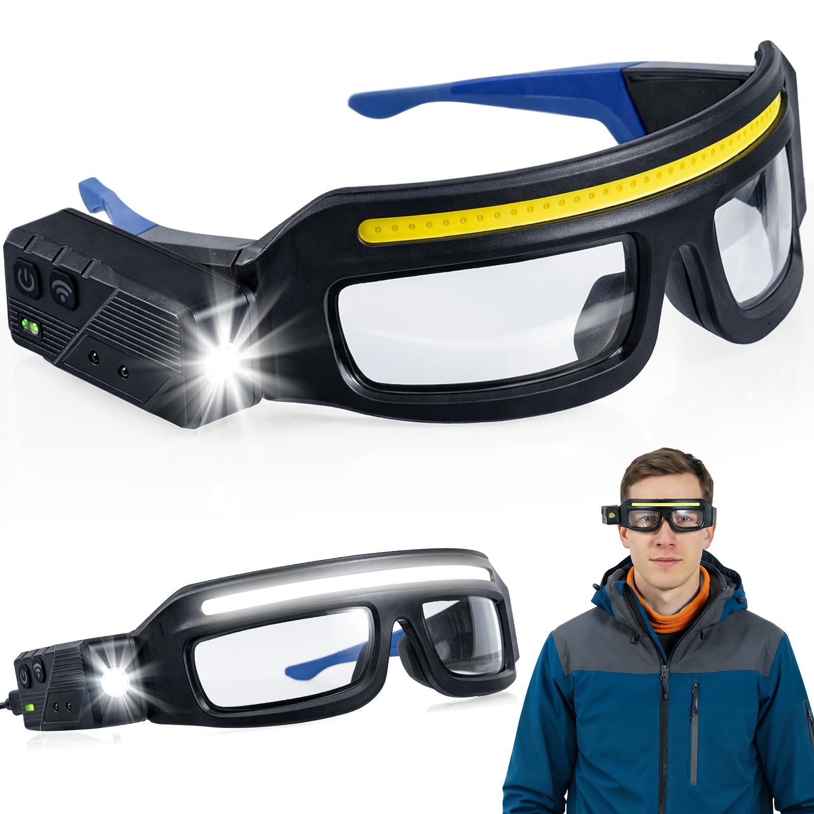 Yaskyly Rechargeable LED Headlight Glasses Safety Cycling Glasses Head Torch with 230° Wide Beam Hands-Free, Motion Sensor & IPX6 Waterproof for Camping, Running, Fishing, Hiking, Cycling & Work