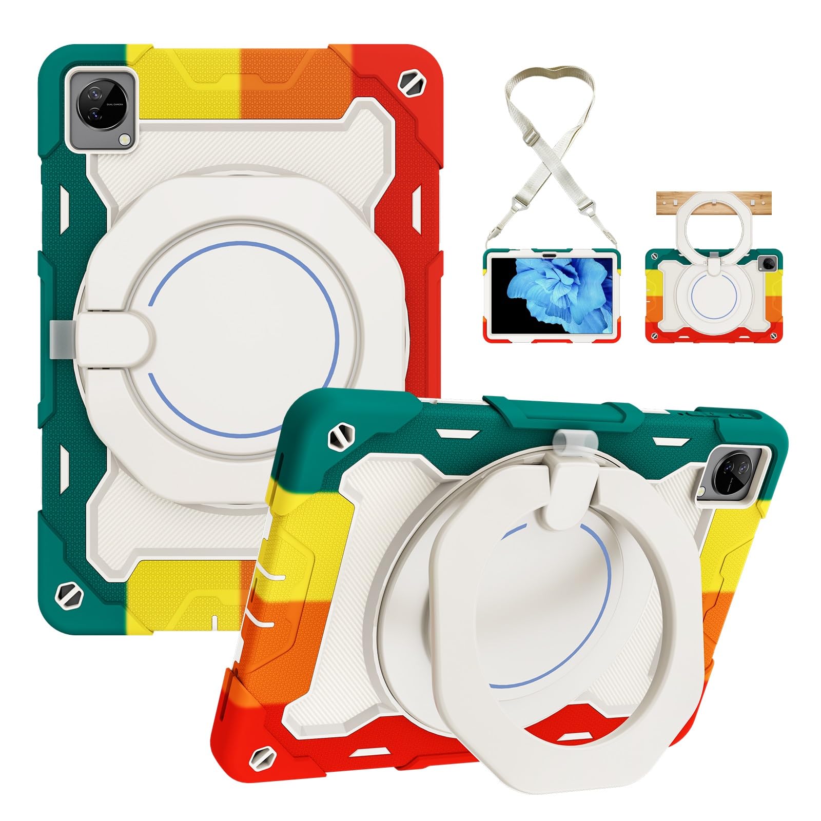 Custodia protettiva resistente per Vivo Pad da 11 pollici, supporto girevole a 360°, tracolla, portapenne e anello per manico, copertura antiurto per bambini e adulti (rosso verde)