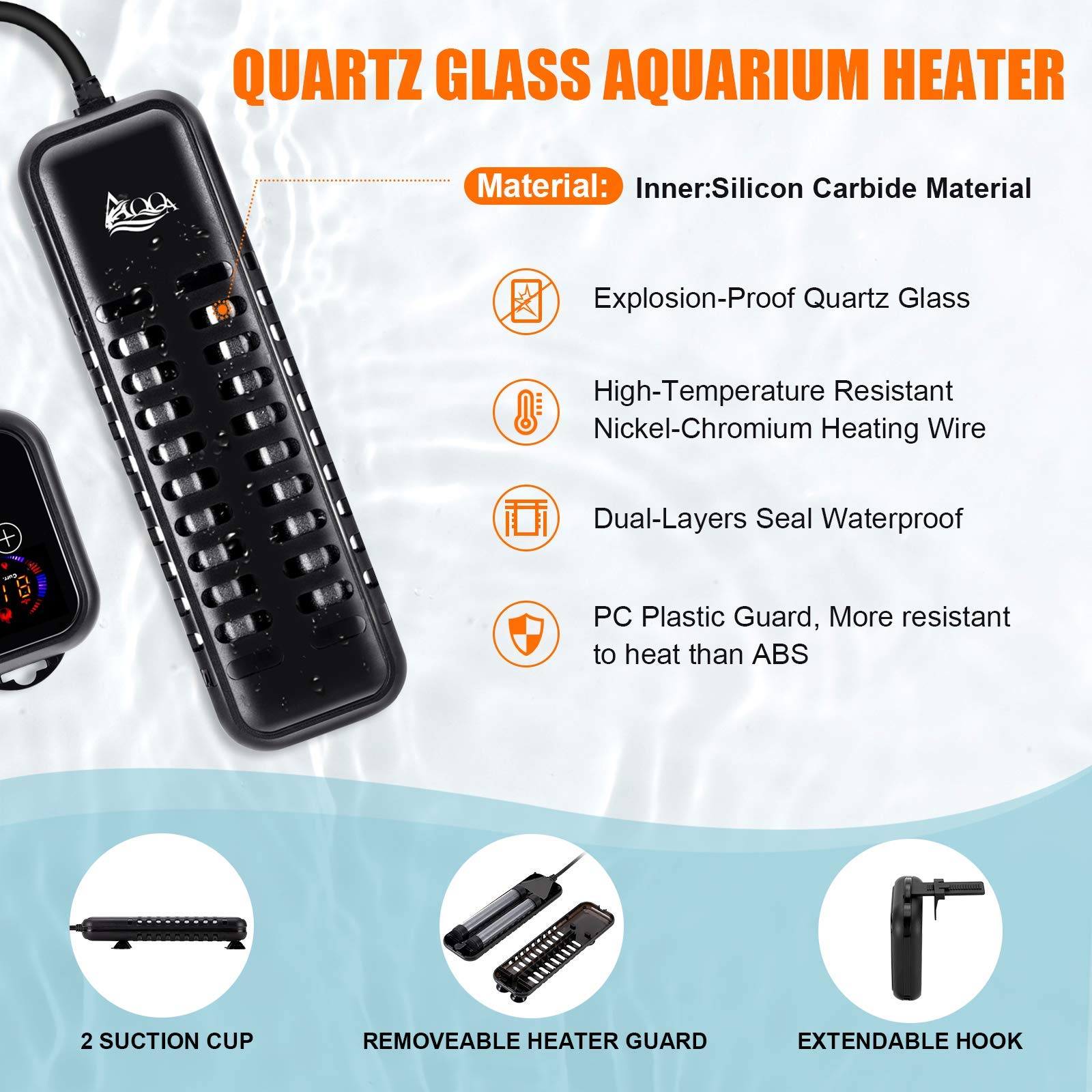 AQQA - Calentador de acuario, calentador de tanque de peces de 1000 W, sumergible Betta para termostato de acuario, calentador de estanque para agua dulce y salada (1000 W para tanque de 120-280