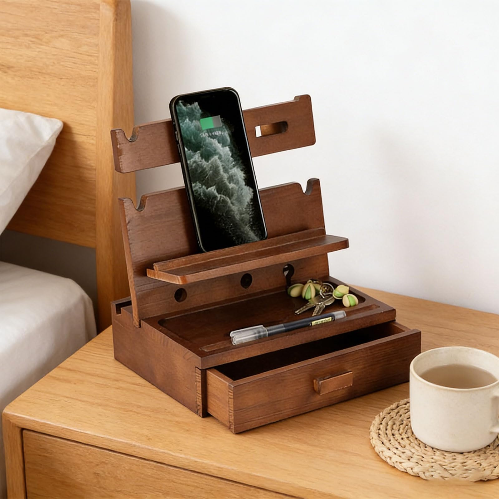 Supporto per telefono e scrivania in legno per diversi dispositivi, adatto per la maggior parte delle dimensioni dello schermo, in legno naturale