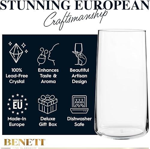 Miniatura 7 de BENETI Juego de 4 vasos de cristal modernos, vasos altos altos para beber, fabricados en Europa, cristalería de cocina para agua y jugo (18 unidades)