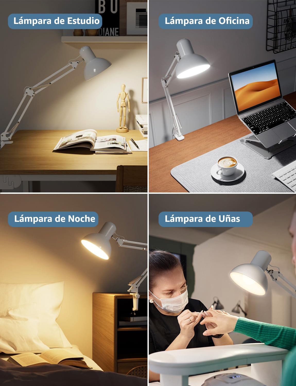 Lepro Lámpara Escritorio LED Industrial con Abrazadera Ajustable, Flexo LED Escritorio Metal Vintage 40W, Lámpara de Mesa de Noche para Cabecera, Estudio, Bombilla E27 No Incluida, Blanco
