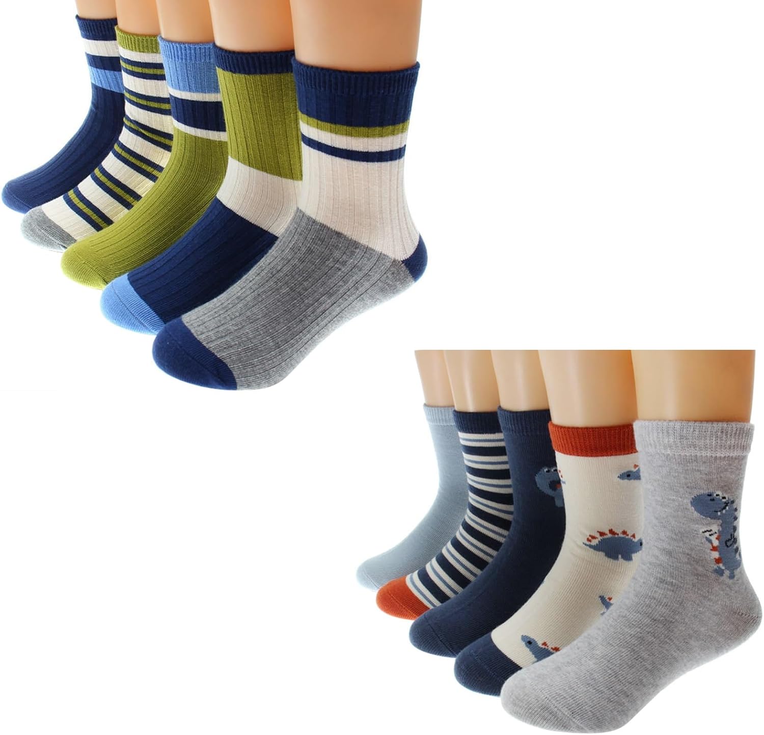 Padgene 10 Pairs Kids Boys Fun Novelty Socks Toddler None Slip Cotton Crew Dress Socks Cartoon Dinosaur Car Shark Stripes