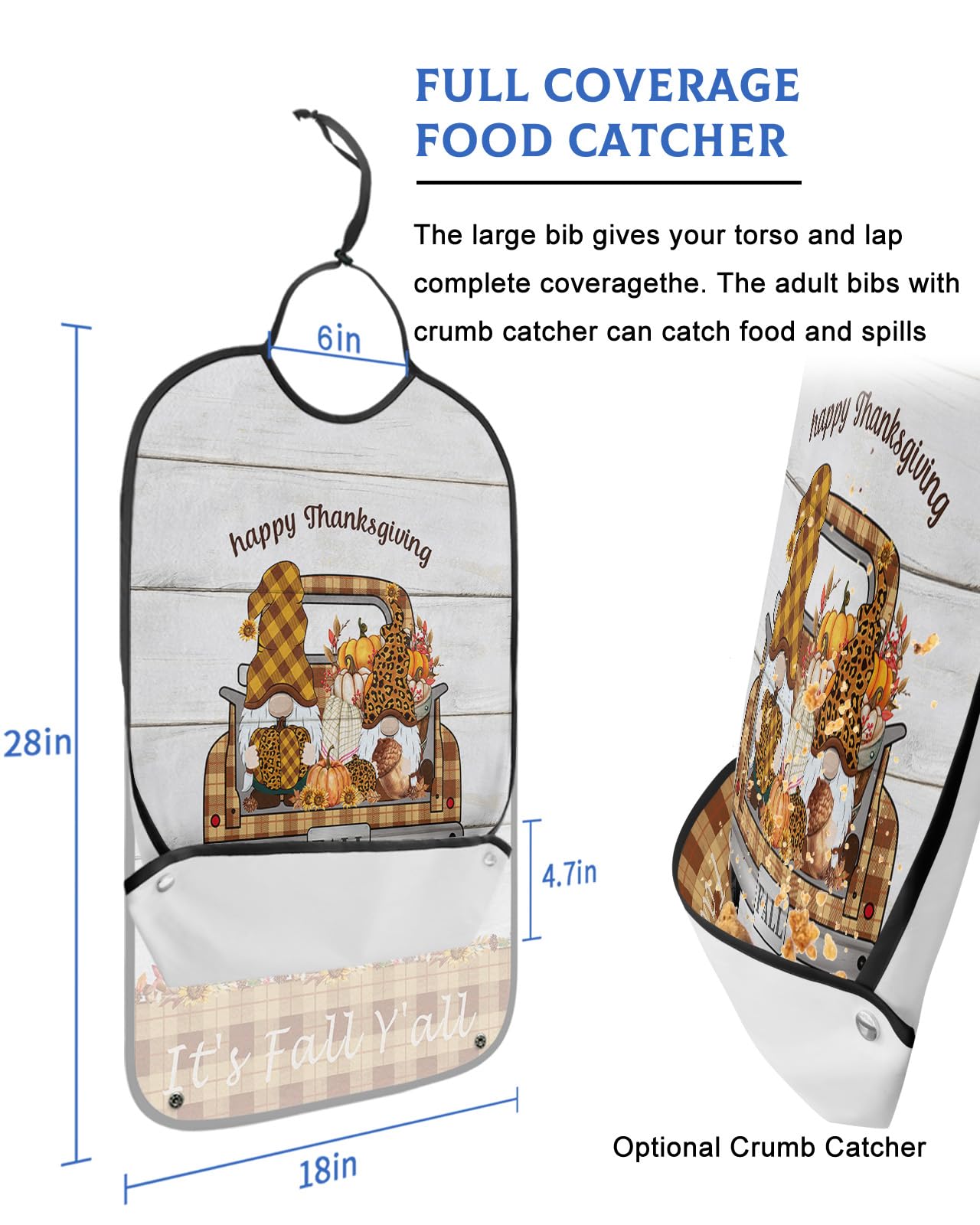 Thanksgiving Gnomes Truck Adult Bibs for Eating, Waterproof Bibs with Food Catcher & Adjustable Snap Closure, Brown Plaid Maple Leaf Wood Washable Clothing Protectors Adult Bibs for Elderly Women/Men